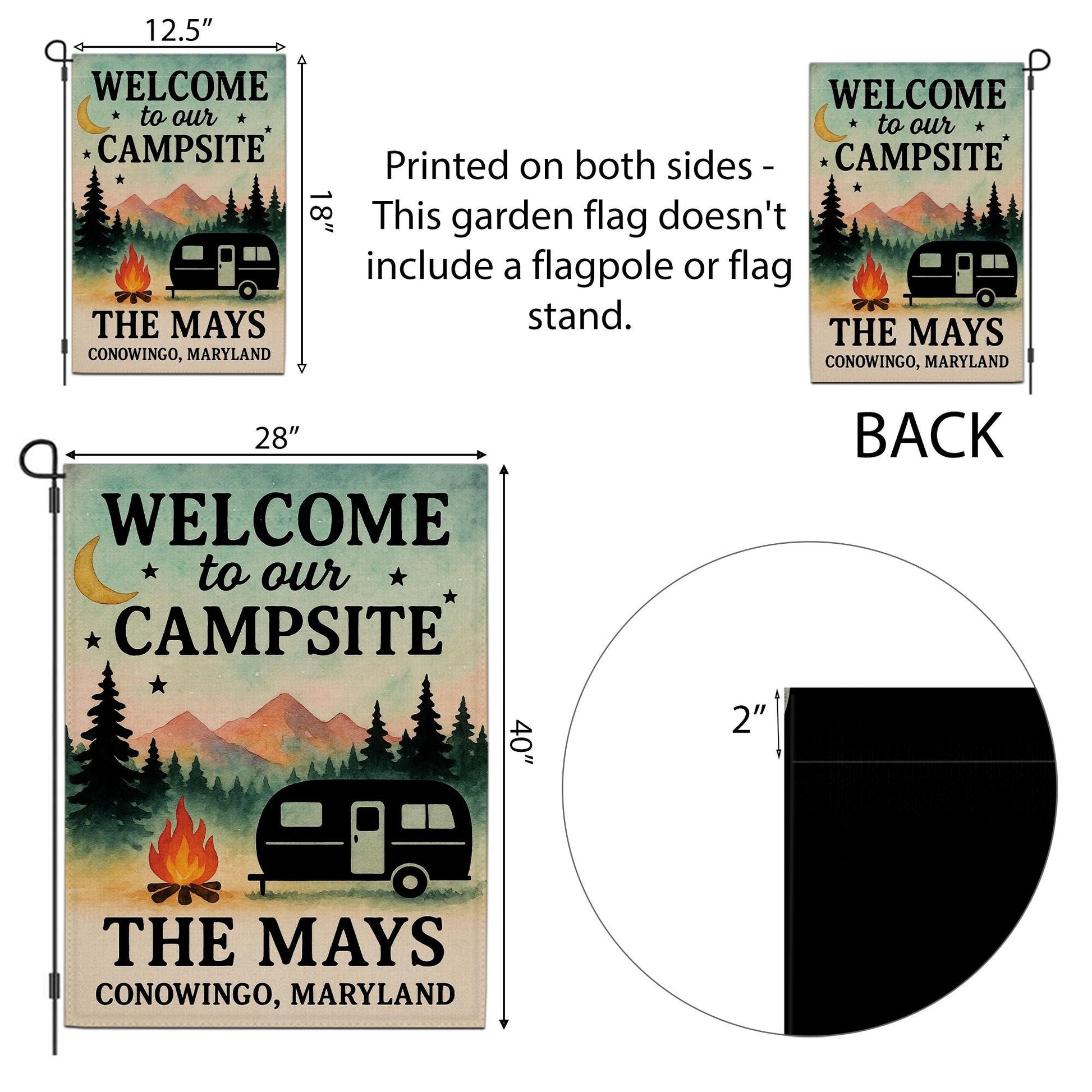 Personalized Campsite Garden Flag, Custom RV Camper Yard Banner, Welcome Outdoor Camping Decor, Family Name Campfire Flag