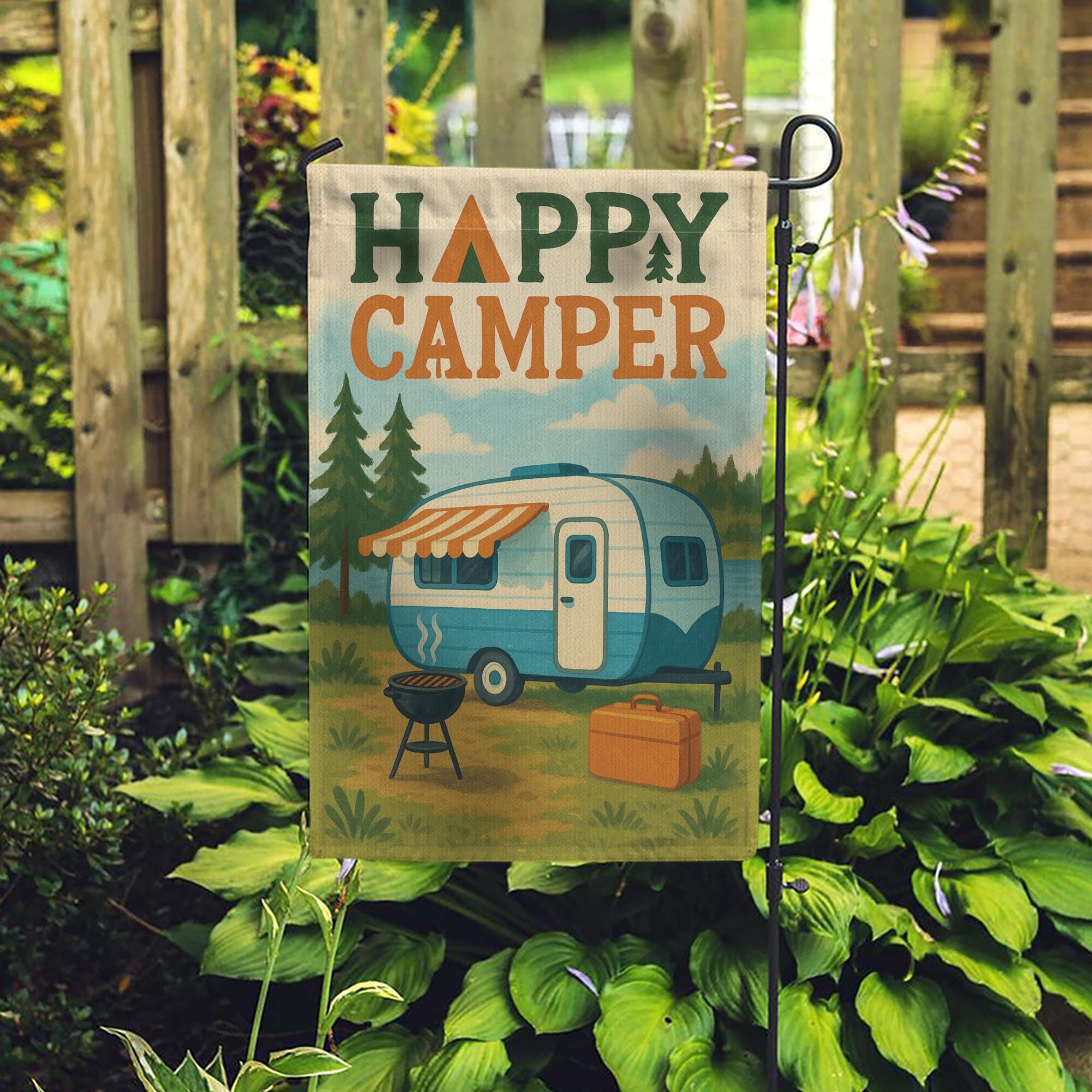 Happy Camper Garden Flag, Vintage RV Camper Yard Banner, Camping Outdoor Decor, Rustic Campsite Flag, Camper Trailer Gift