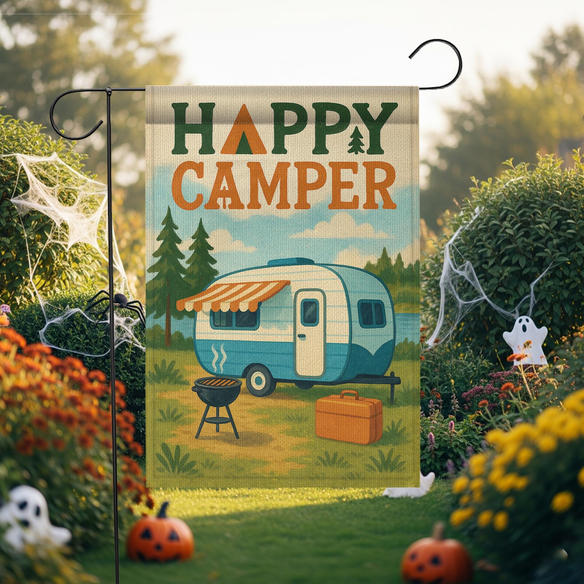 Happy Camper Garden Flag, Vintage RV Camper Yard Banner, Camping Outdoor Decor, Rustic Campsite Flag, Camper Trailer Gift