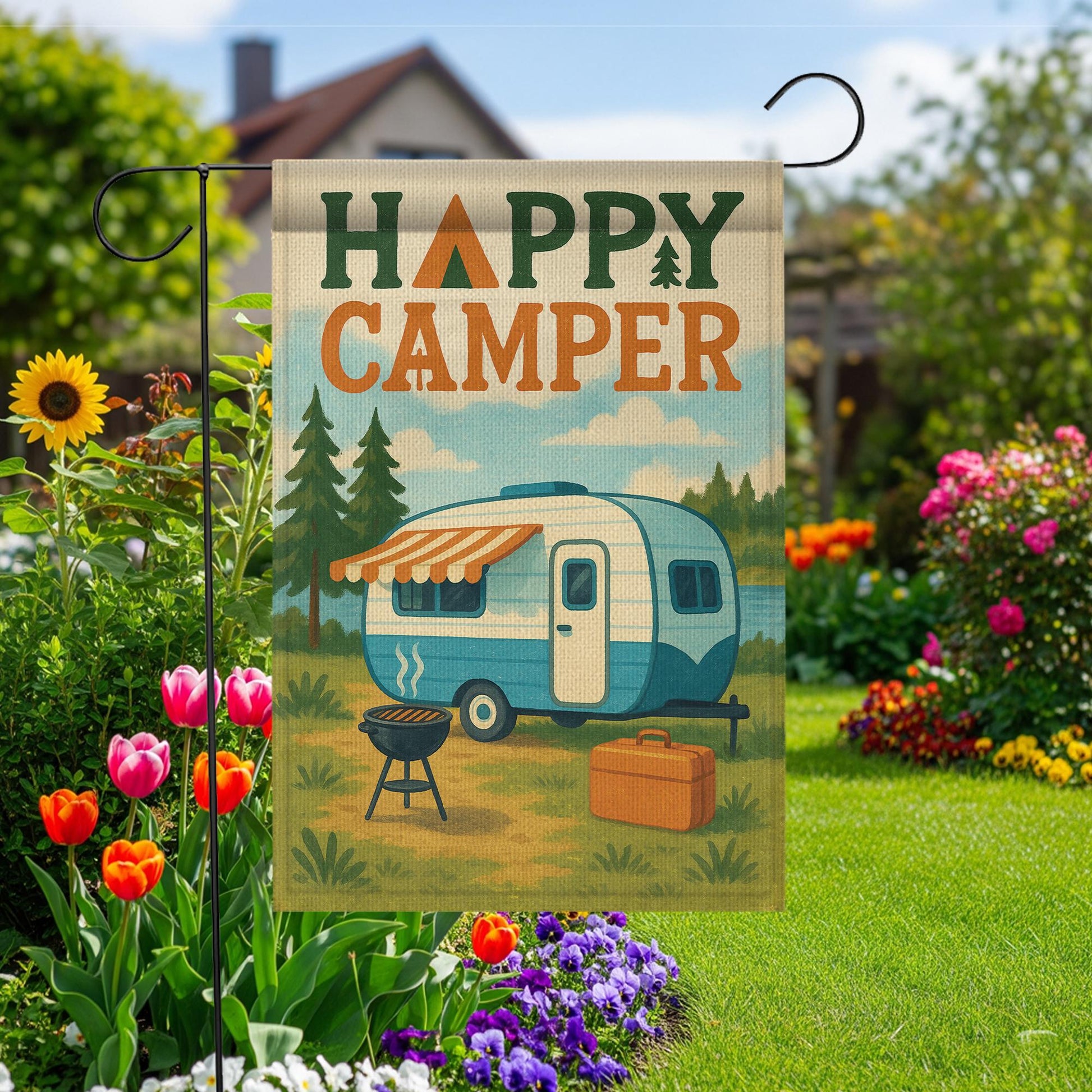 Happy Camper Garden Flag, Vintage RV Camper Yard Banner, Camping Outdoor Decor, Rustic Campsite Flag, Camper Trailer Gift