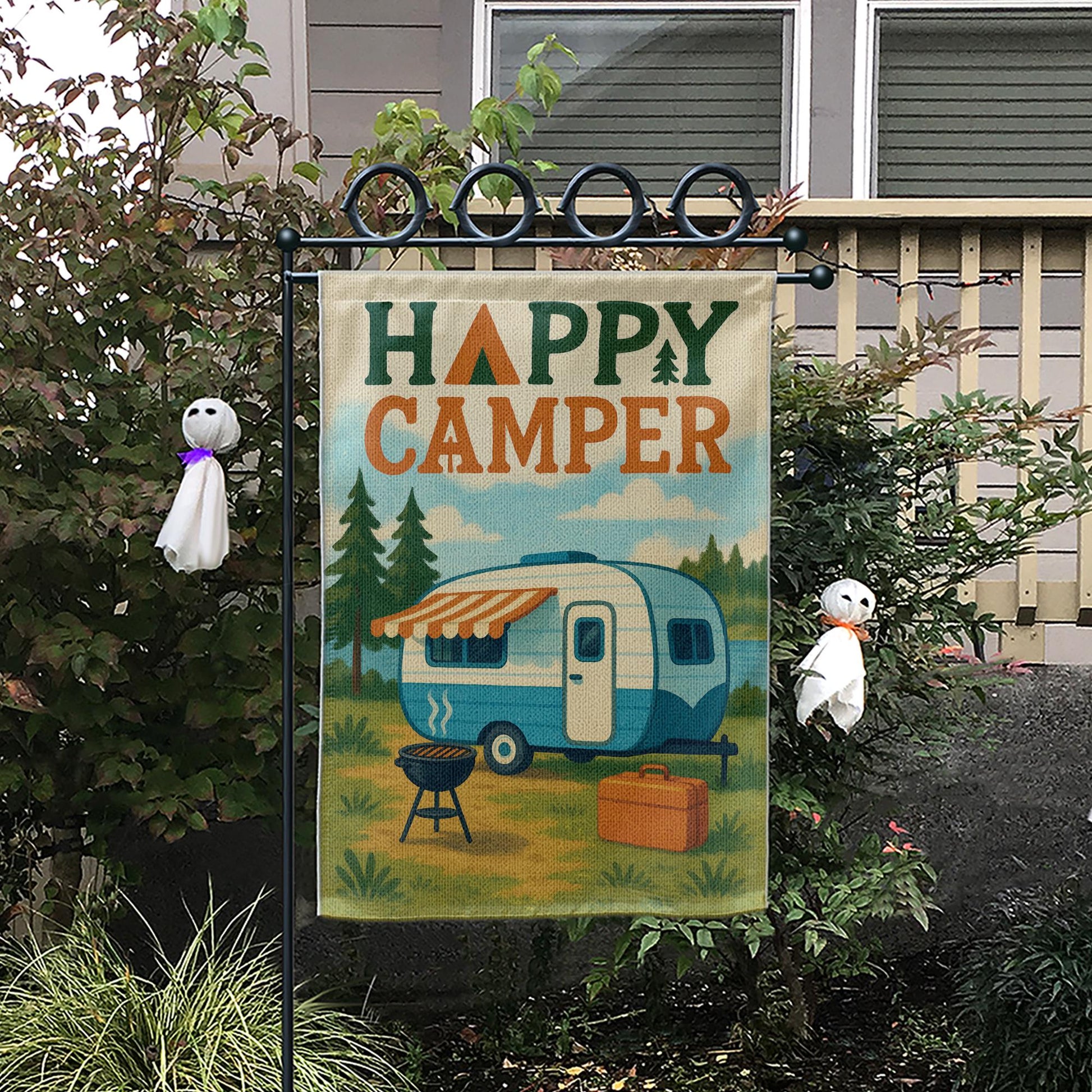 Happy Camper Garden Flag, Vintage RV Camper Yard Banner, Camping Outdoor Decor, Rustic Campsite Flag, Camper Trailer Gift
