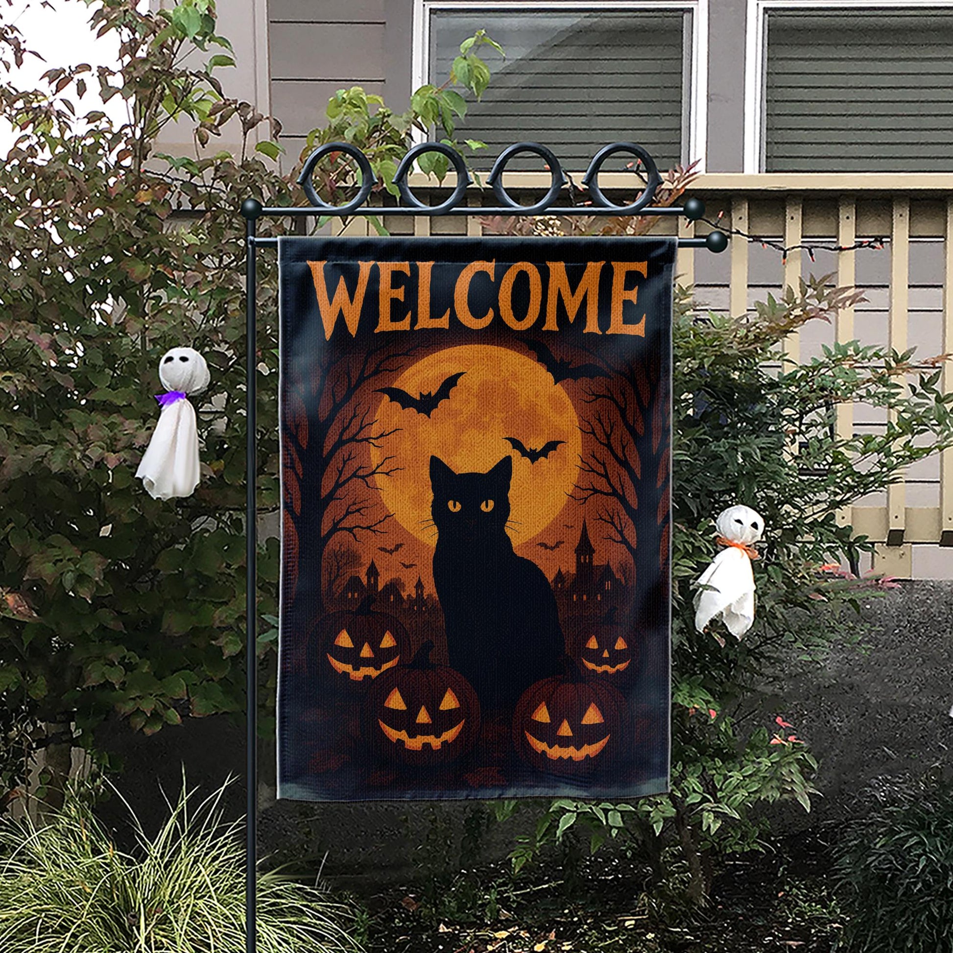 Welcome Halloween Garden Flag, Black Cat Pumpkin Yard Banner, Spooky Moon and Bat Outdoor Decor, Gothic Seasonal Porch Decoration