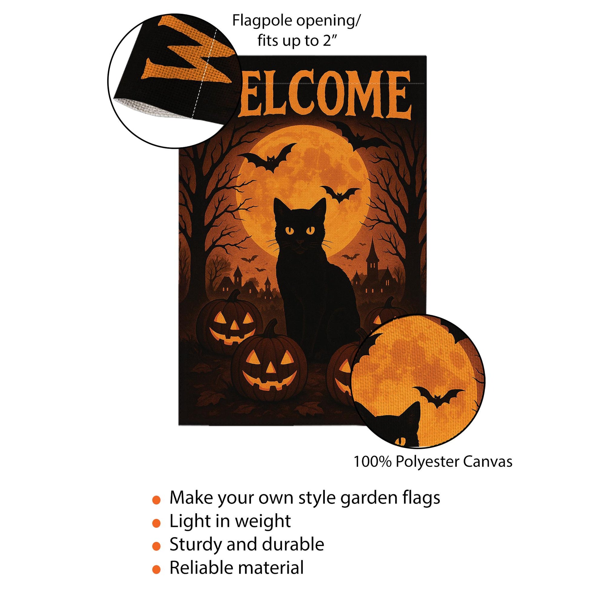 Welcome Halloween Garden Flag, Black Cat Pumpkin Yard Banner, Spooky Moon and Bat Outdoor Decor, Gothic Seasonal Porch Decoration