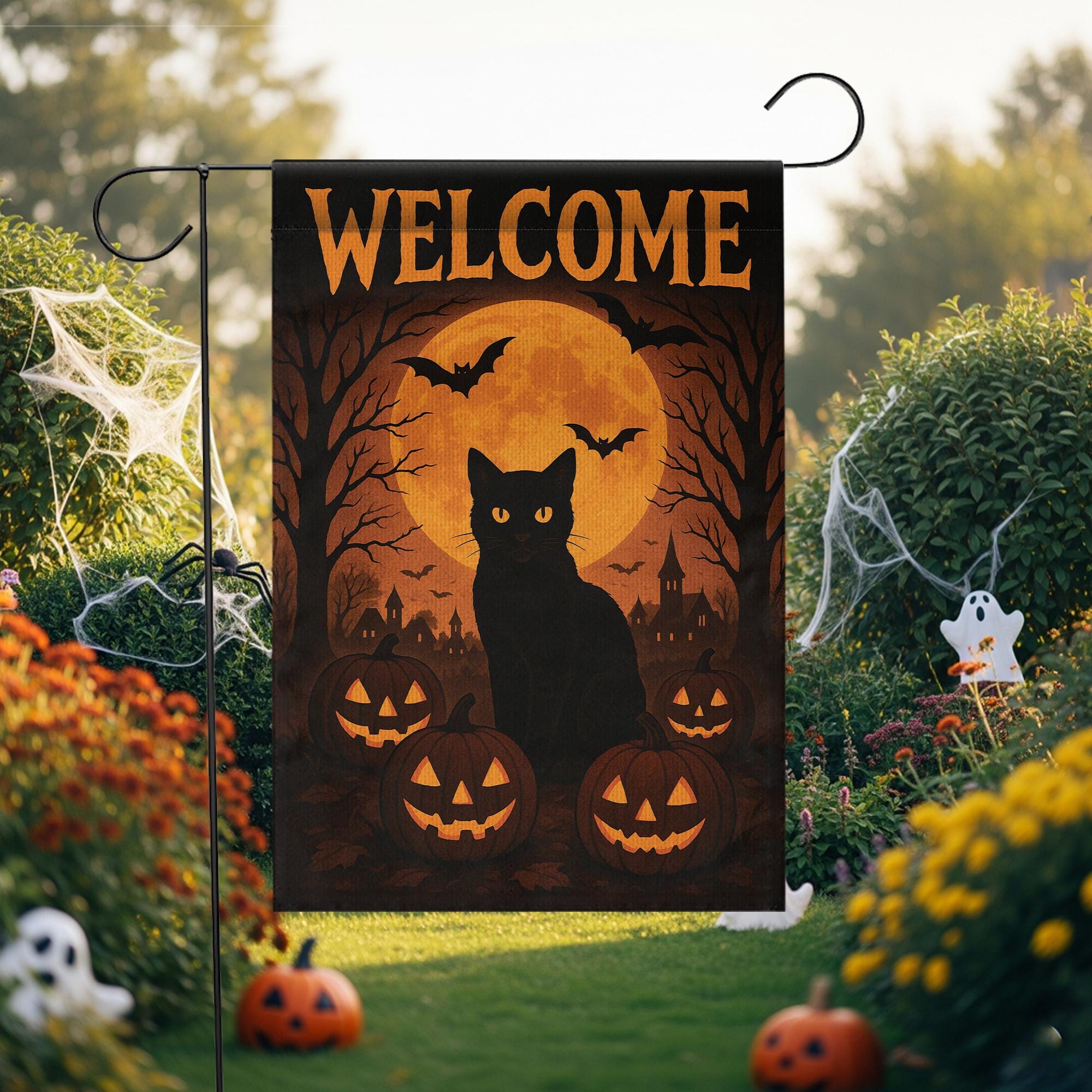 Welcome Halloween Garden Flag, Black Cat Pumpkin Yard Banner, Spooky Moon and Bat Outdoor Decor, Gothic Seasonal Porch Decoration
