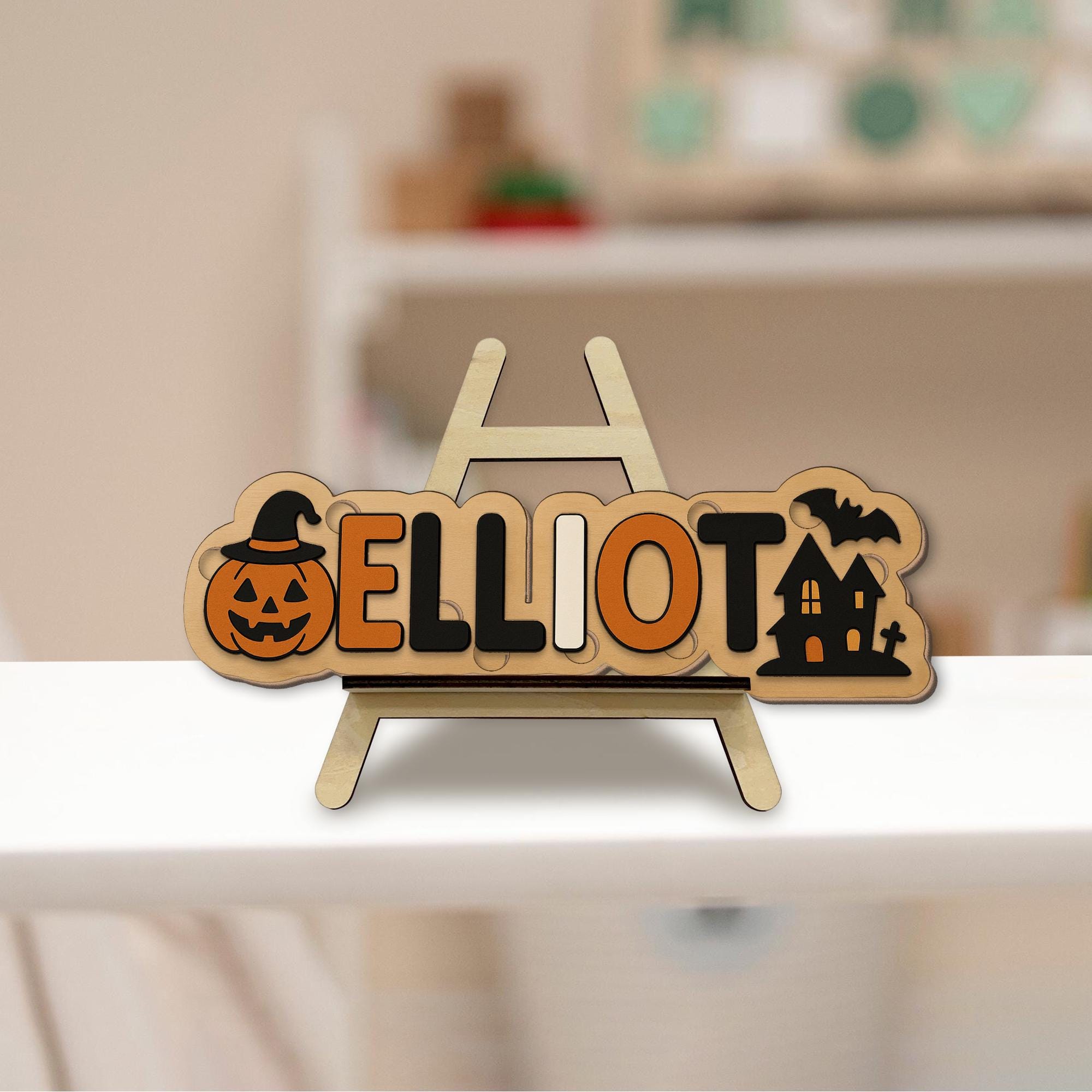 Personalized Halloween Wooden Name Puzzle, Custom Toddler Puzzle Toy, Montessori Baby Learning Gift, Pumpkin Haunted House Puzzle
