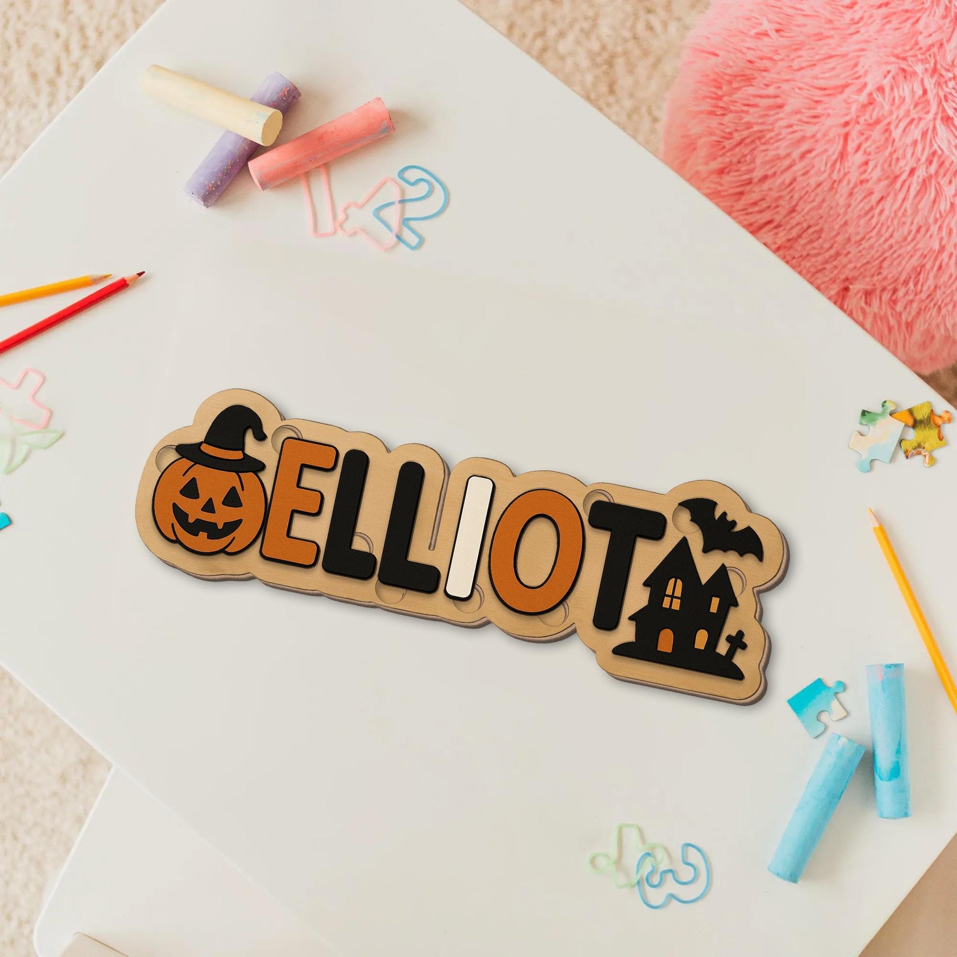 Personalized Halloween Wooden Name Puzzle, Custom Toddler Puzzle Toy, Montessori Baby Learning Gift, Pumpkin Haunted House Puzzle