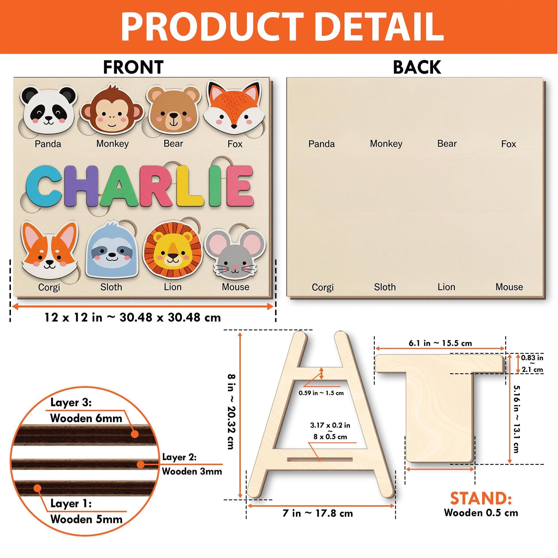 Personalized Animal Wooden Puzzle, Custom Name Toddler Puzzle Toy, Montessori Educational Gift, Baby Learning Puzzle with Animals