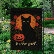 Hello Fall Garden Flag, Black Cat Pumpkin Yard Banner, Autumn Outdoor Porch Decor, Rustic Seasonal Halloween Garden Decoration
