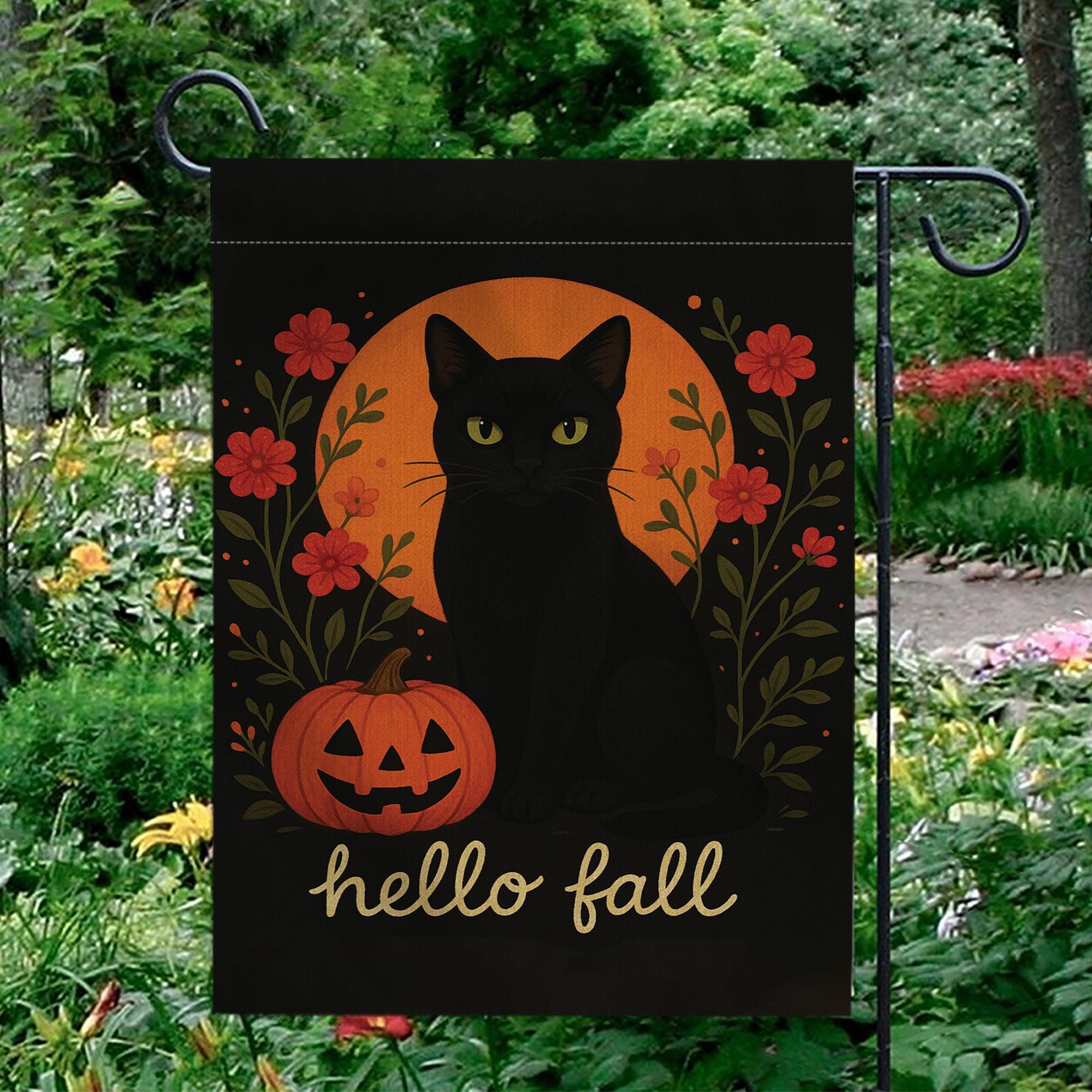 Hello Fall Garden Flag, Black Cat Pumpkin Yard Banner, Autumn Outdoor Porch Decor, Rustic Seasonal Halloween Garden Decoration