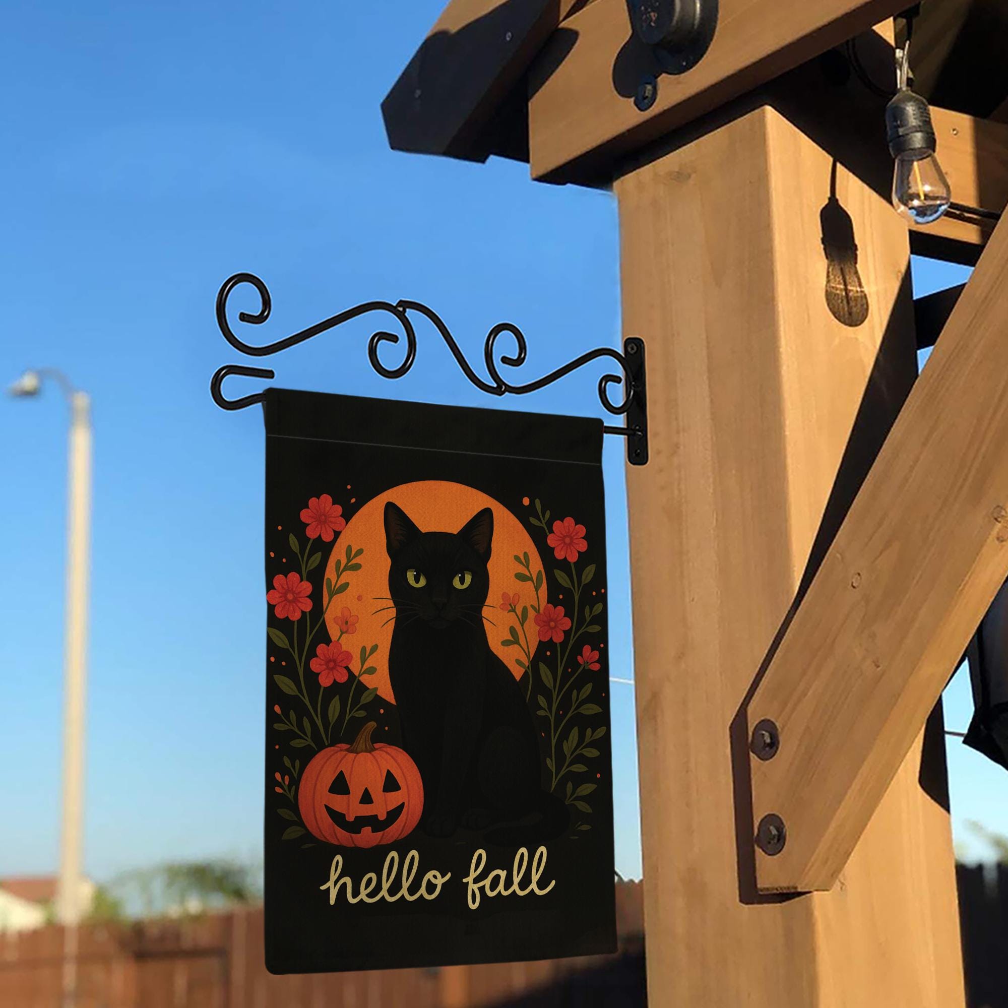 Hello Fall Garden Flag, Black Cat Pumpkin Yard Banner, Autumn Outdoor Porch Decor, Rustic Seasonal Halloween Garden Decoration