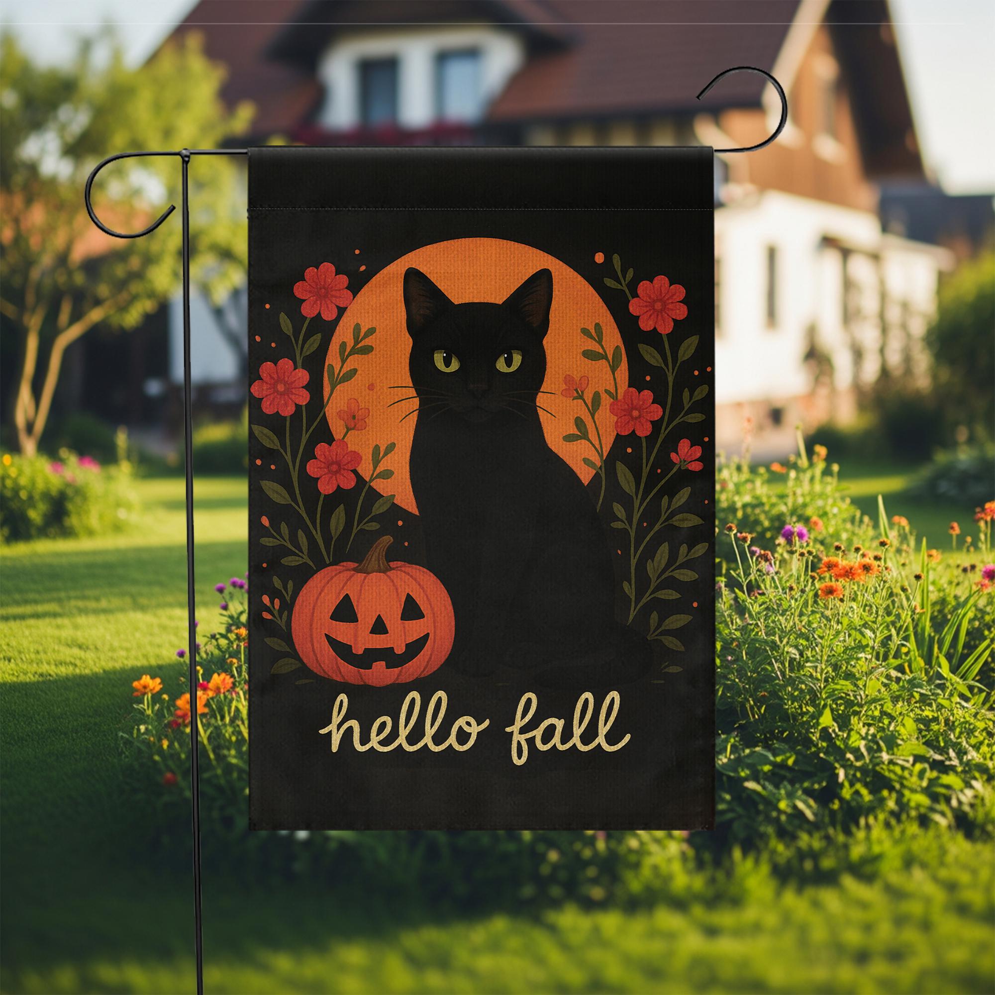 Hello Fall Garden Flag, Black Cat Pumpkin Yard Banner, Autumn Outdoor Porch Decor, Rustic Seasonal Halloween Garden Decoration