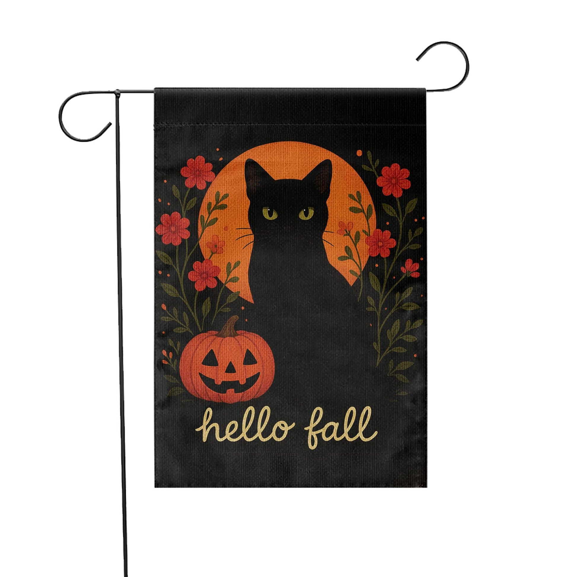 Hello Fall Garden Flag, Black Cat Pumpkin Yard Banner, Autumn Outdoor Porch Decor, Rustic Seasonal Halloween Garden Decoration