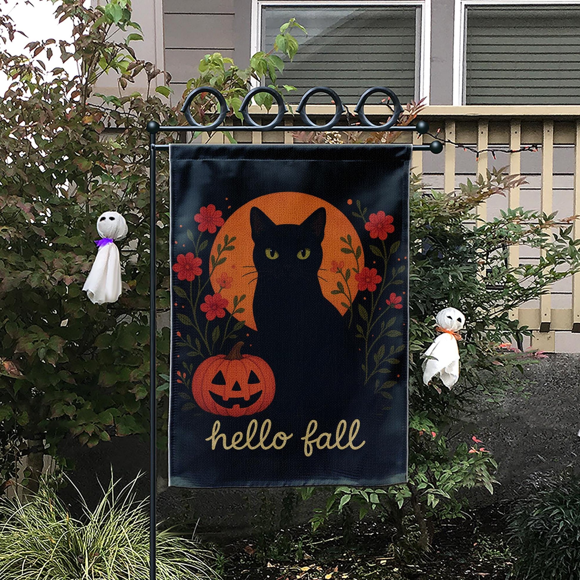 Hello Fall Garden Flag, Black Cat Pumpkin Yard Banner, Autumn Outdoor Porch Decor, Rustic Seasonal Halloween Garden Decoration