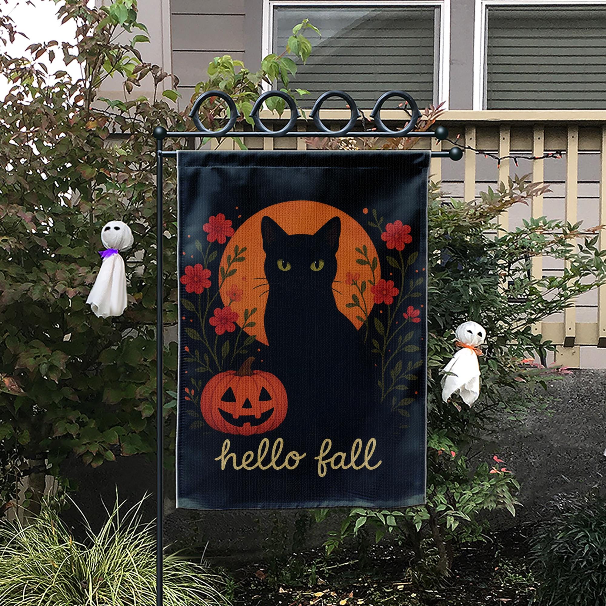 Hello Fall Garden Flag, Black Cat Pumpkin Yard Banner, Autumn Outdoor Porch Decor, Rustic Seasonal Halloween Garden Decoration