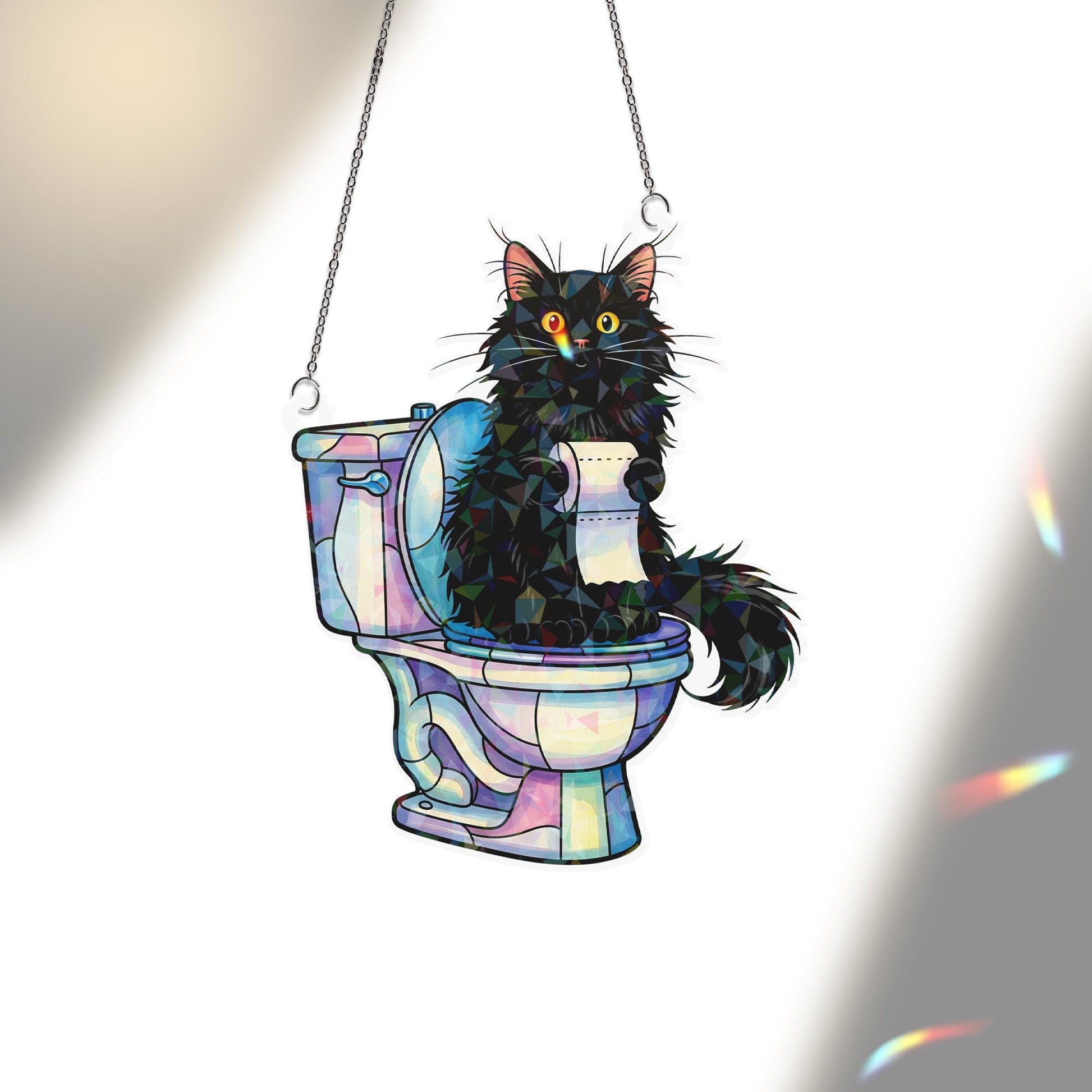 Funny Black Cat Acrylic Window Hanging, Holographic Toilet Cat Suncatcher, Quirky Bathroom Decor, Unique Gift for Cat Lovers