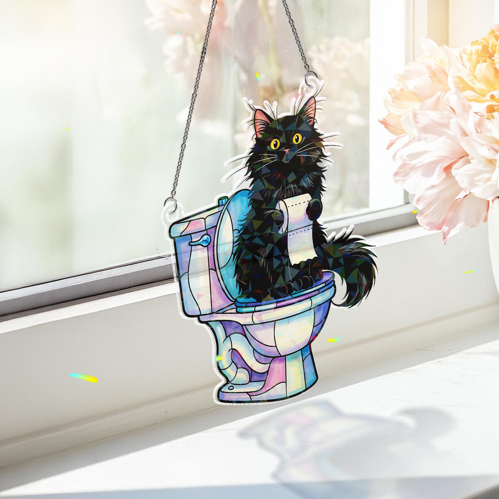 Funny Black Cat Acrylic Window Hanging, Holographic Toilet Cat Suncatcher, Quirky Bathroom Decor, Unique Gift for Cat Lovers