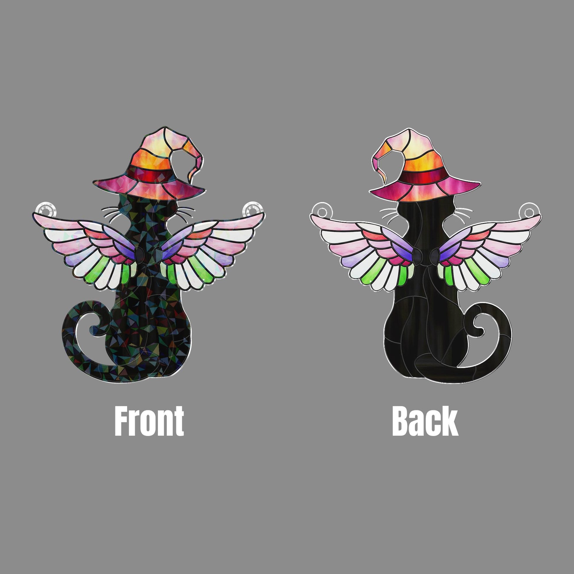 Black Cat Witch Acrylic Window Hanging, Holographic Winged Cat Suncatcher, Halloween Stained Glass Style Decor, Mystic Cat Gift