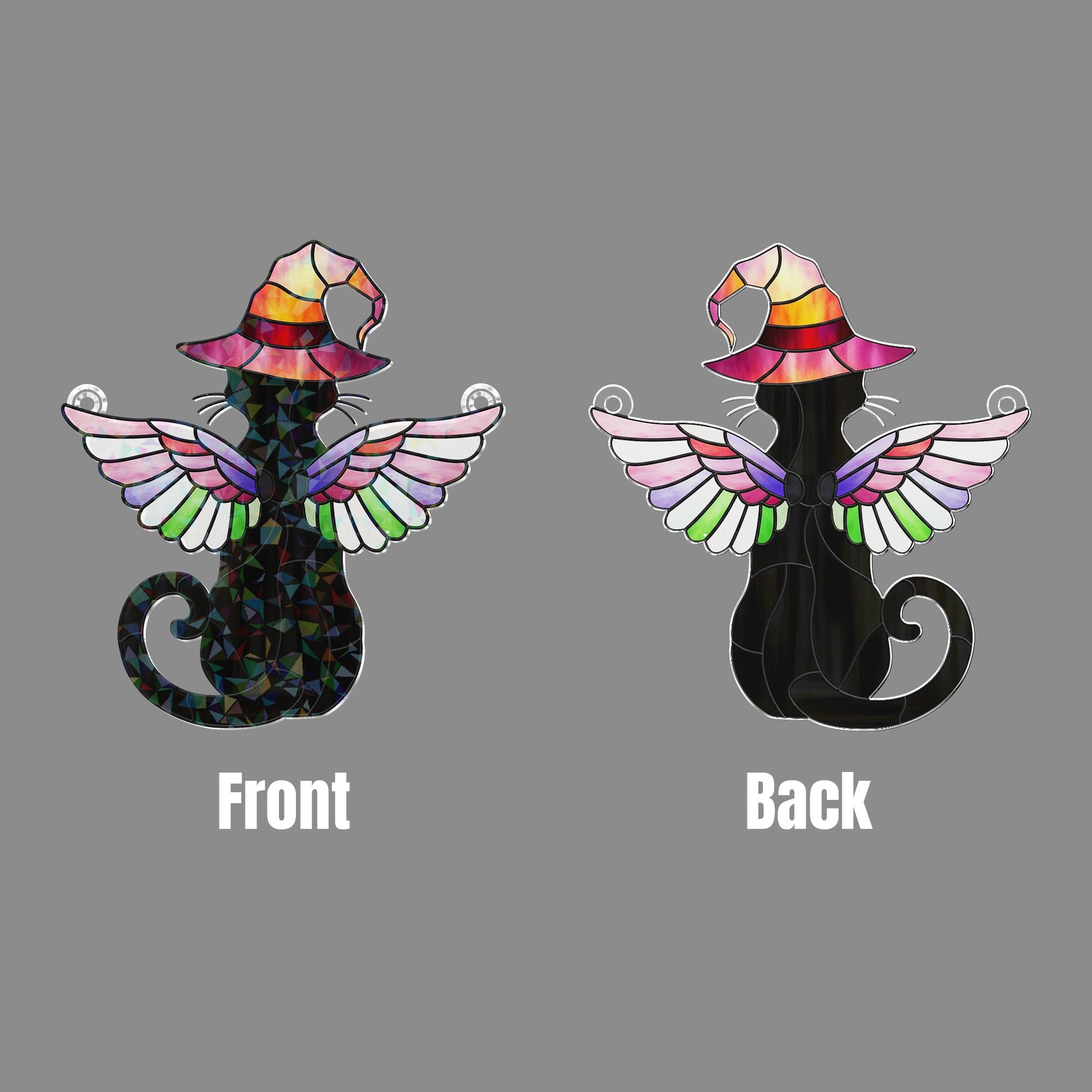 Black Cat Witch Acrylic Window Hanging, Holographic Winged Cat Suncatcher, Halloween Stained Glass Style Decor, Mystic Cat Gift