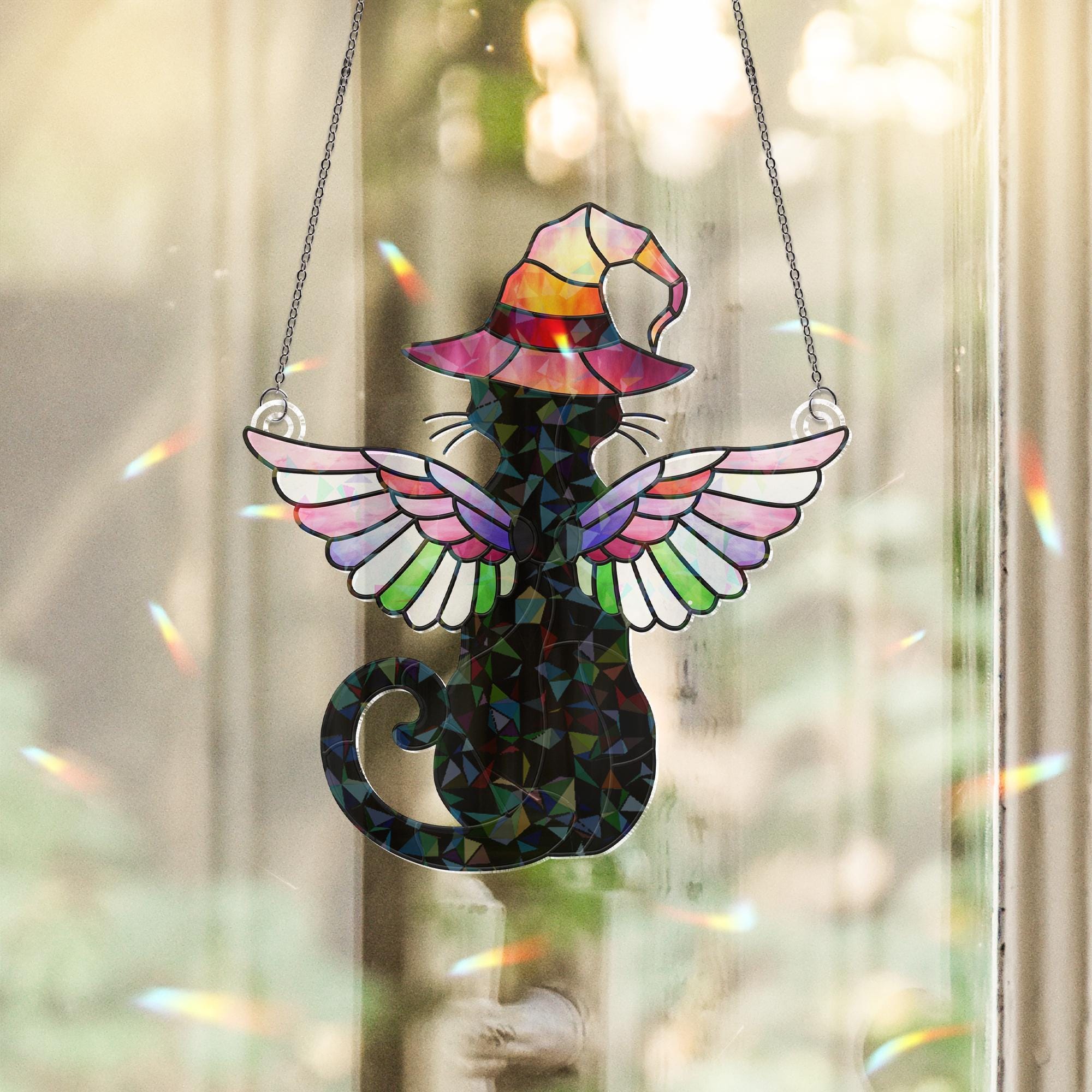Black Cat Witch Acrylic Window Hanging, Holographic Winged Cat Suncatcher, Halloween Stained Glass Style Decor, Mystic Cat Gift