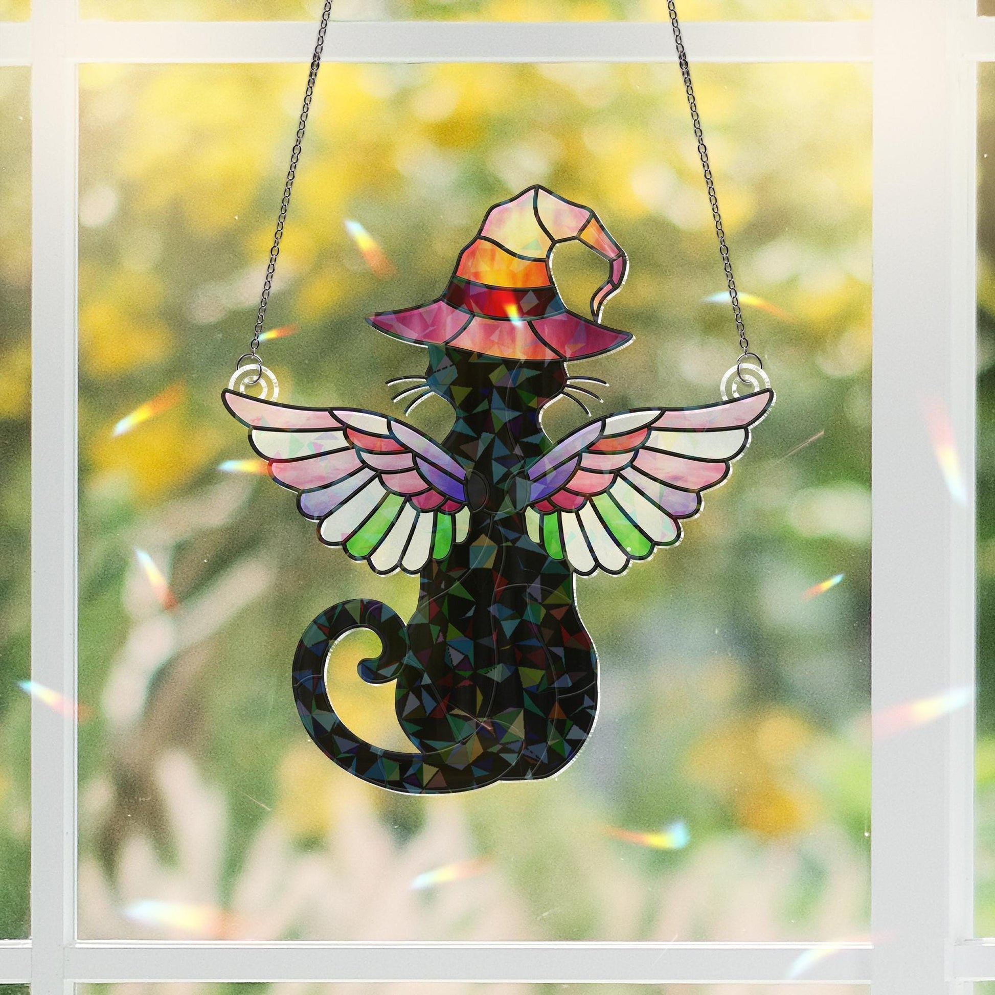 Black Cat Witch Acrylic Window Hanging, Holographic Winged Cat Suncatcher, Halloween Stained Glass Style Decor, Mystic Cat Gift