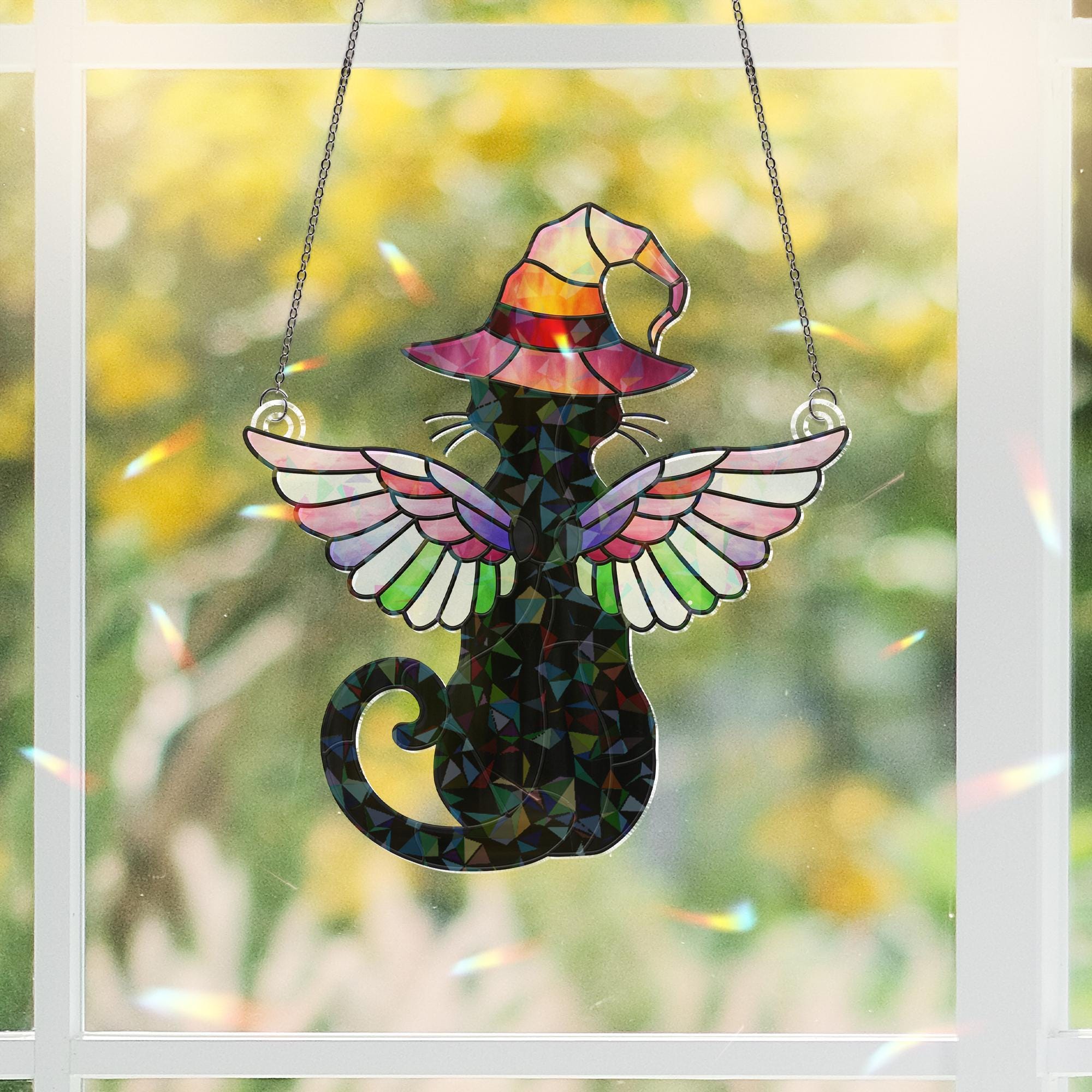 Black Cat Witch Acrylic Window Hanging, Holographic Winged Cat Suncatcher, Halloween Stained Glass Style Decor, Mystic Cat Gift