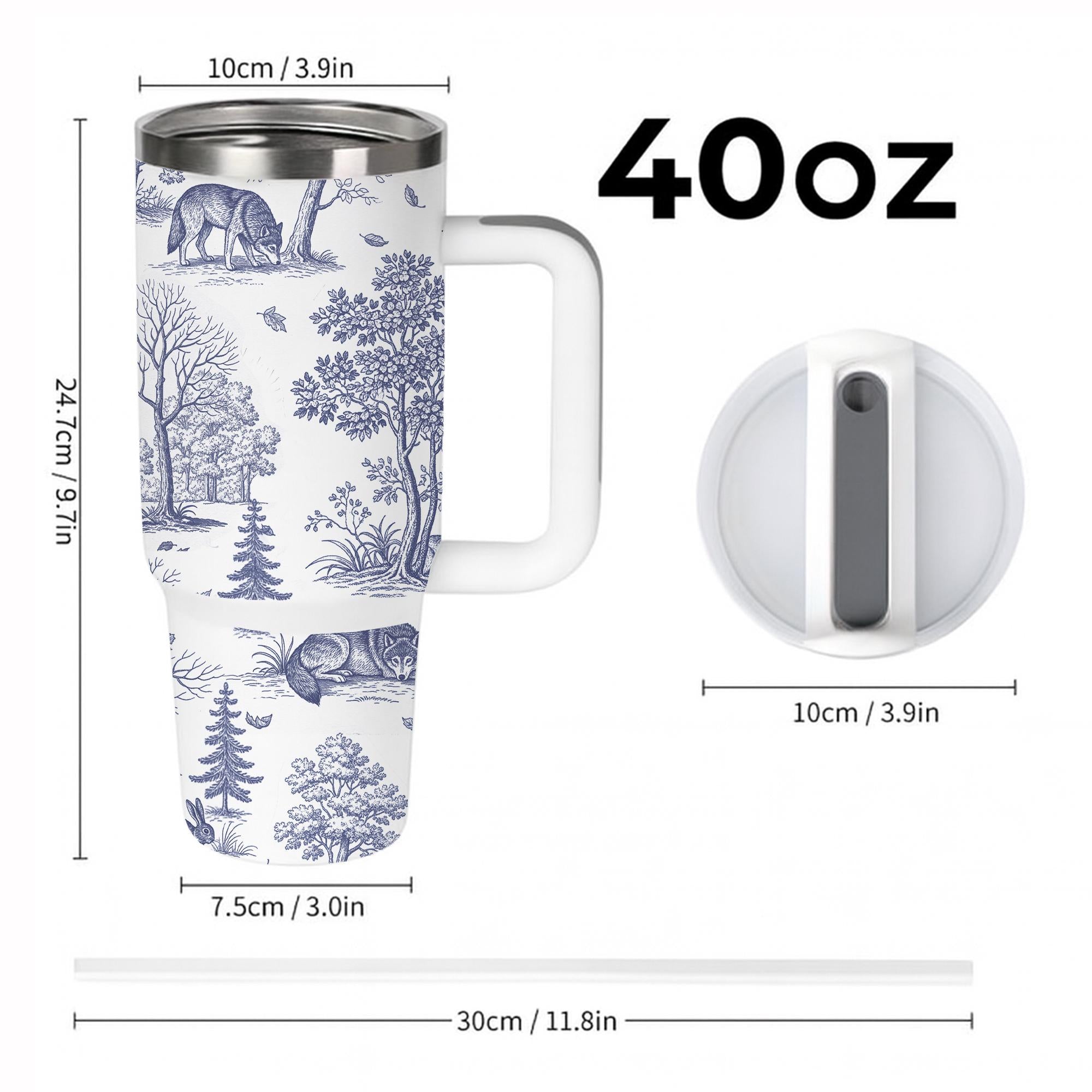 Wolf Toile de Jouy Tumbler with Straw, Rustic Forest Travel Mug, Woodland Animal Cup, Nature Lover Stainless Steel Drinkware Gift