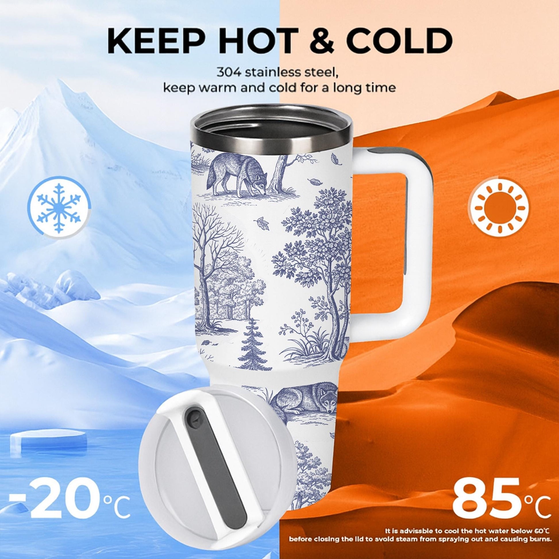 Wolf Toile de Jouy Tumbler with Straw, Rustic Forest Travel Mug, Woodland Animal Cup, Nature Lover Stainless Steel Drinkware Gift
