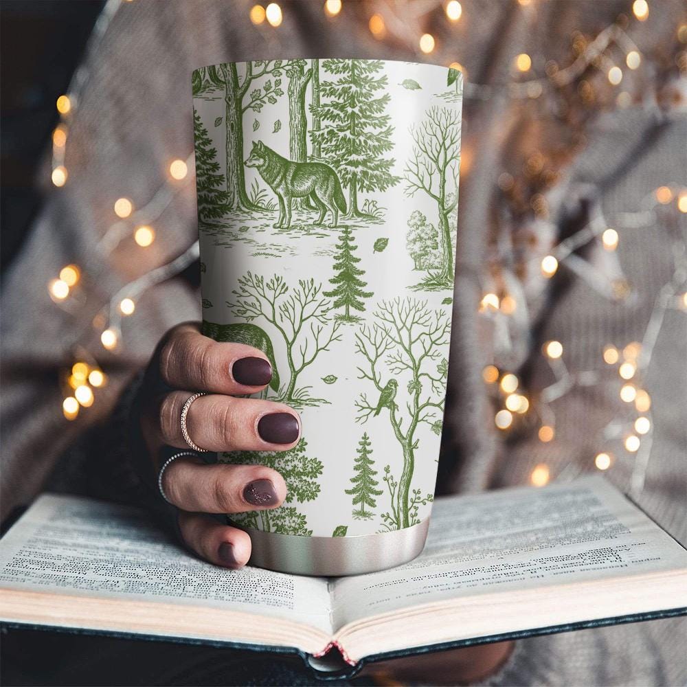 Wolf Toile de Jouy Tumbler with Straw, Rustic Forest Travel Mug, Woodland Animal Cup, Nature Lover Stainless Steel Drinkware Gift