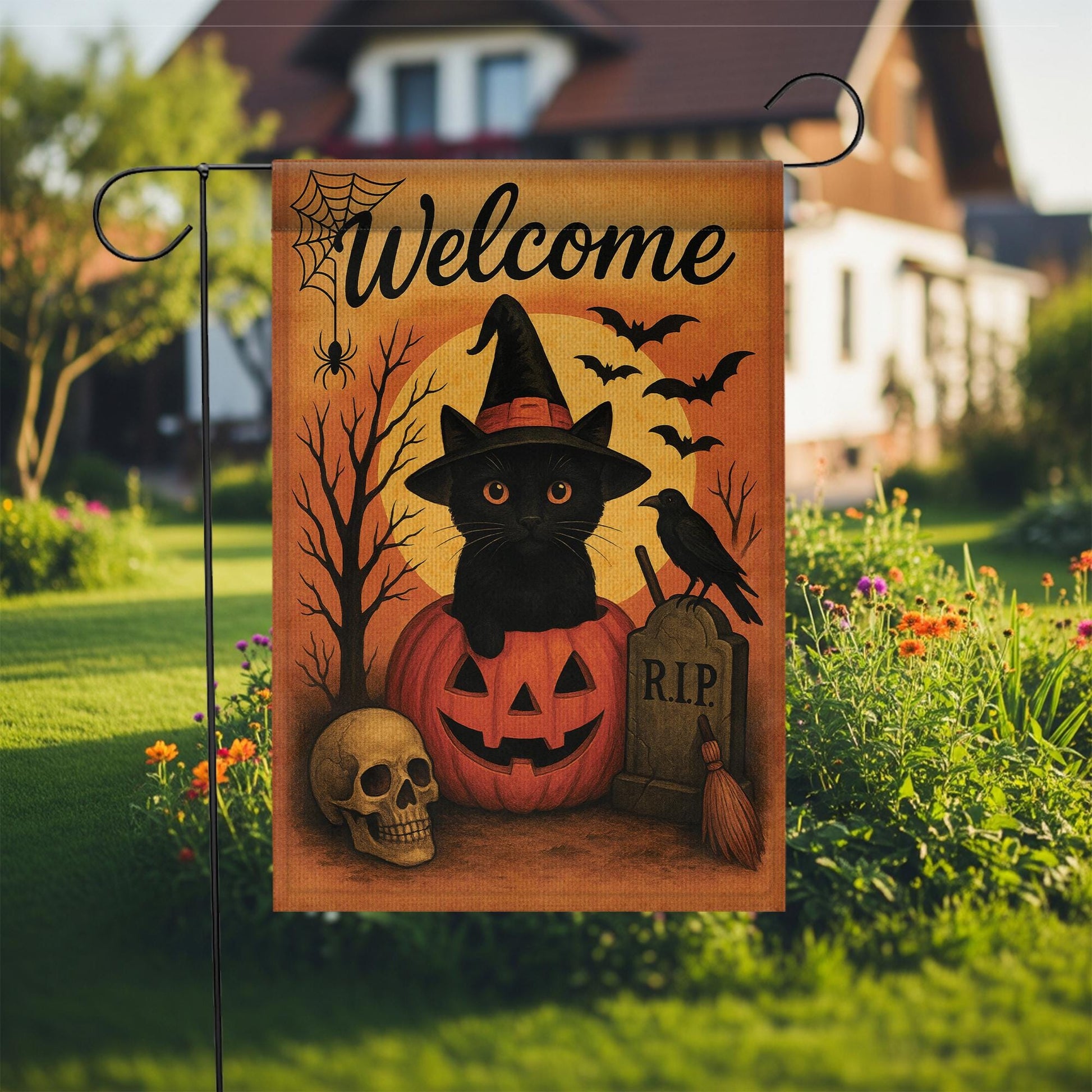 Welcome Halloween Garden Flag, Black Cat Pumpkin Yard Banner, Spooky Outdoor Porch Decor, Gothic Seasonal Decoration with Bats