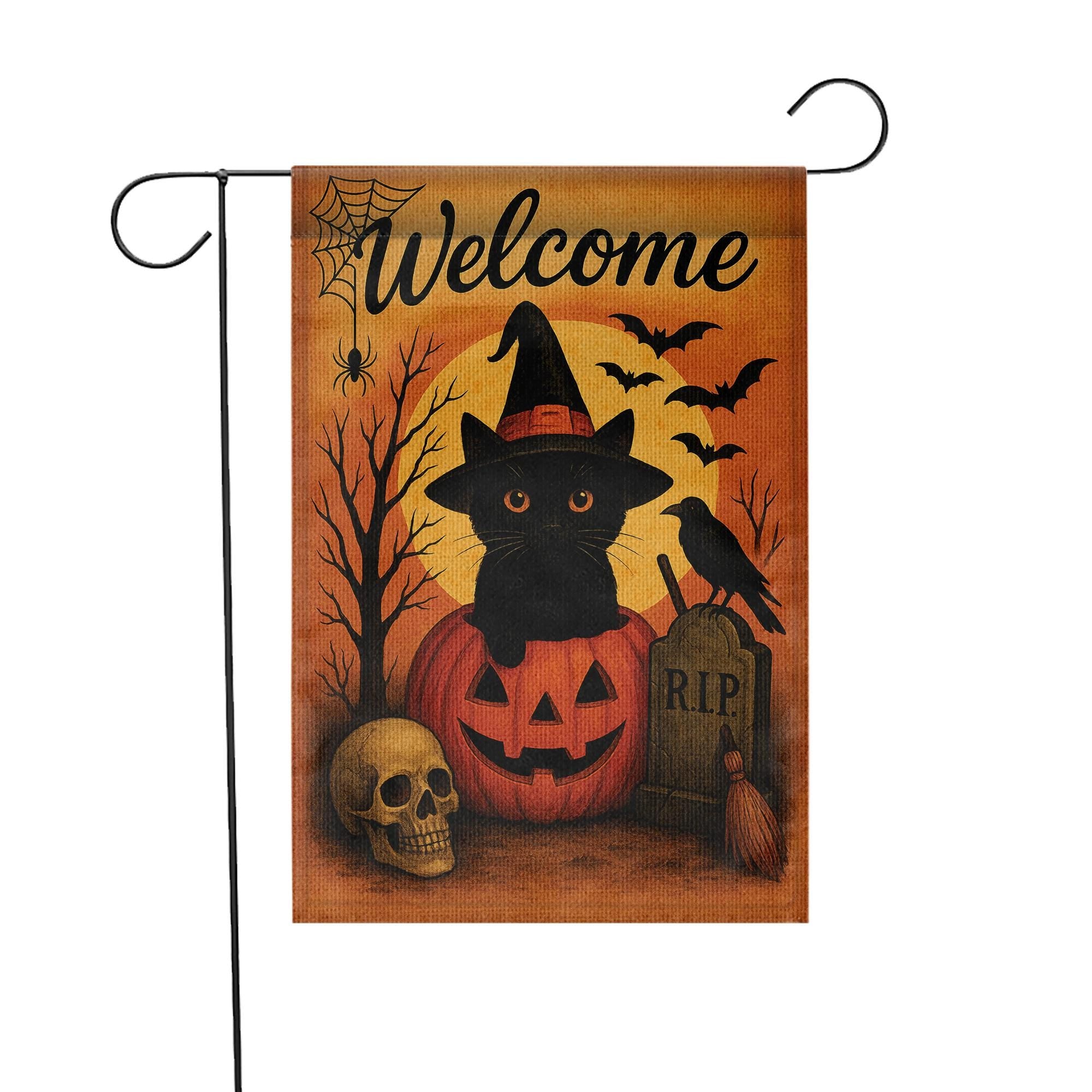 Welcome Halloween Garden Flag, Black Cat Pumpkin Yard Banner, Spooky Outdoor Porch Decor, Gothic Seasonal Decoration with Bats