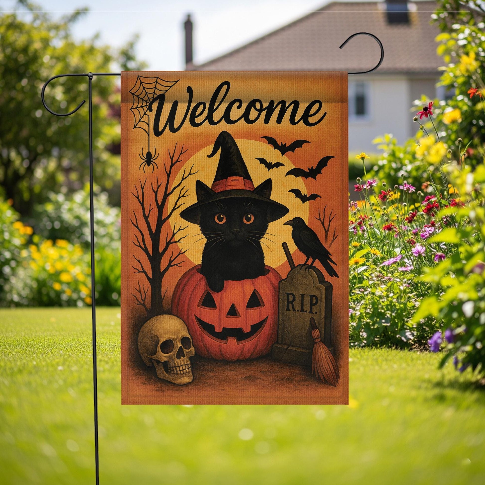 Welcome Halloween Garden Flag, Black Cat Pumpkin Yard Banner, Spooky Outdoor Porch Decor, Gothic Seasonal Decoration with Bats