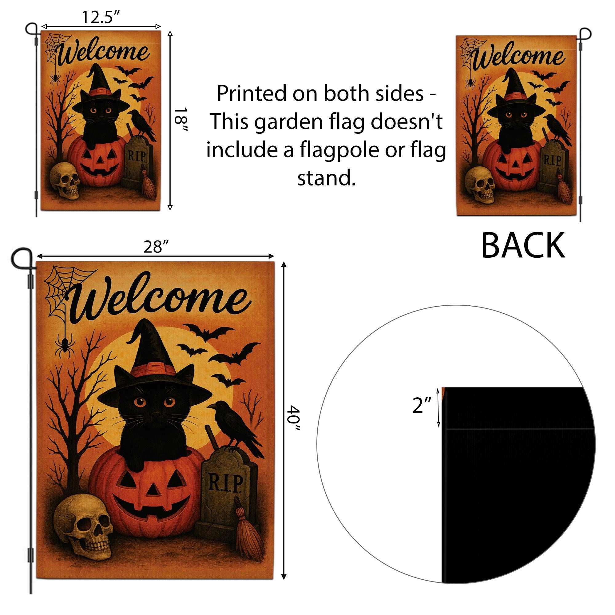 Welcome Halloween Garden Flag, Black Cat Pumpkin Yard Banner, Spooky Outdoor Porch Decor, Gothic Seasonal Decoration with Bats
