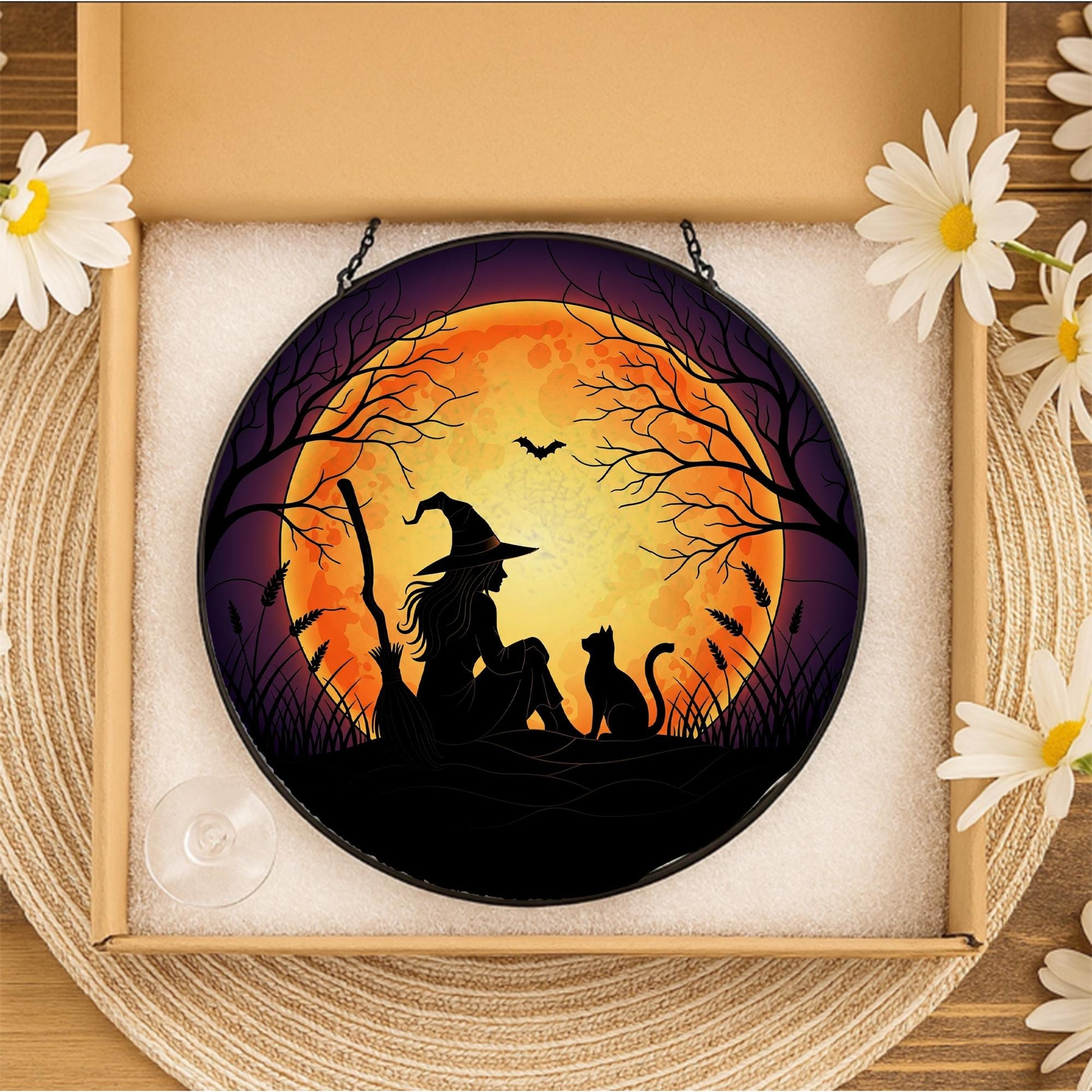 Halloween Witch Cat Glass Suncatcher, Spooky Moon Window Hanging, Gothic Glass Suncatcher Style Decor, Witchy Autumn Home Decoration