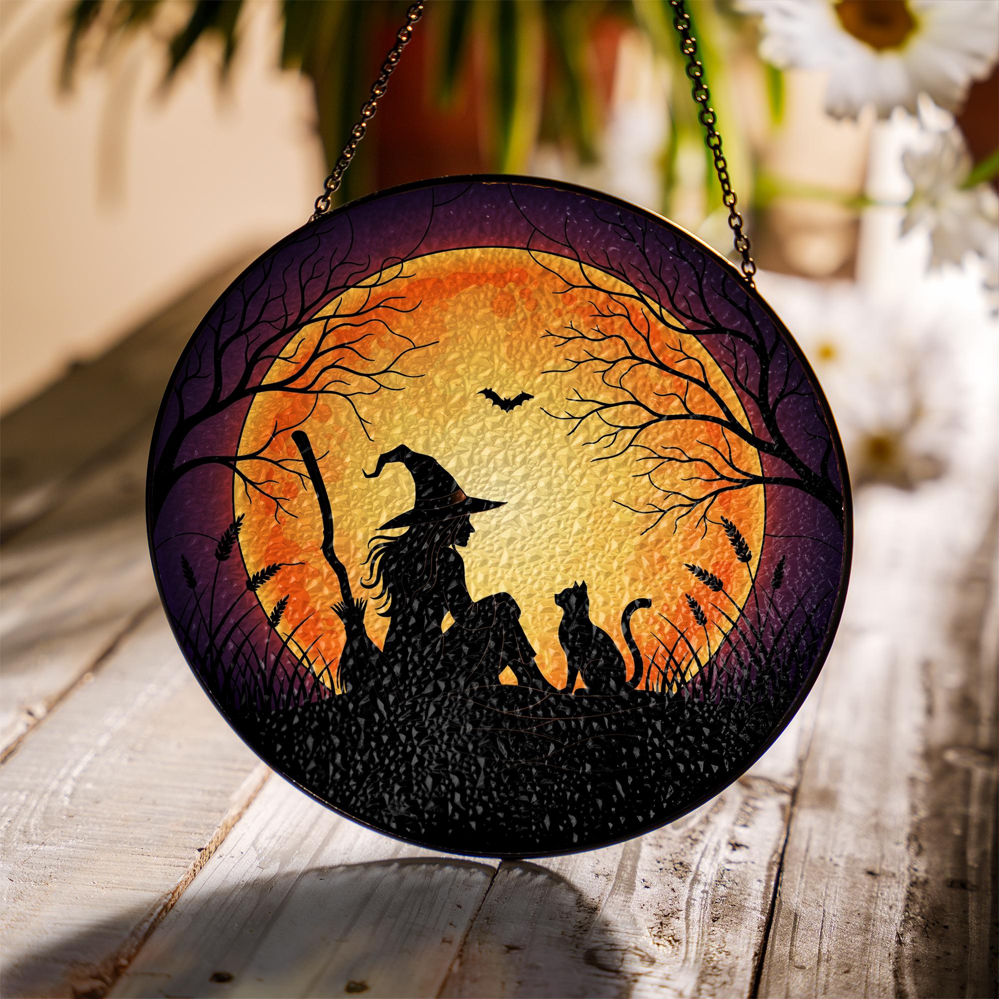 Halloween Witch Cat Glass Suncatcher, Spooky Moon Window Hanging, Gothic Glass Suncatcher Style Decor, Witchy Autumn Home Decoration