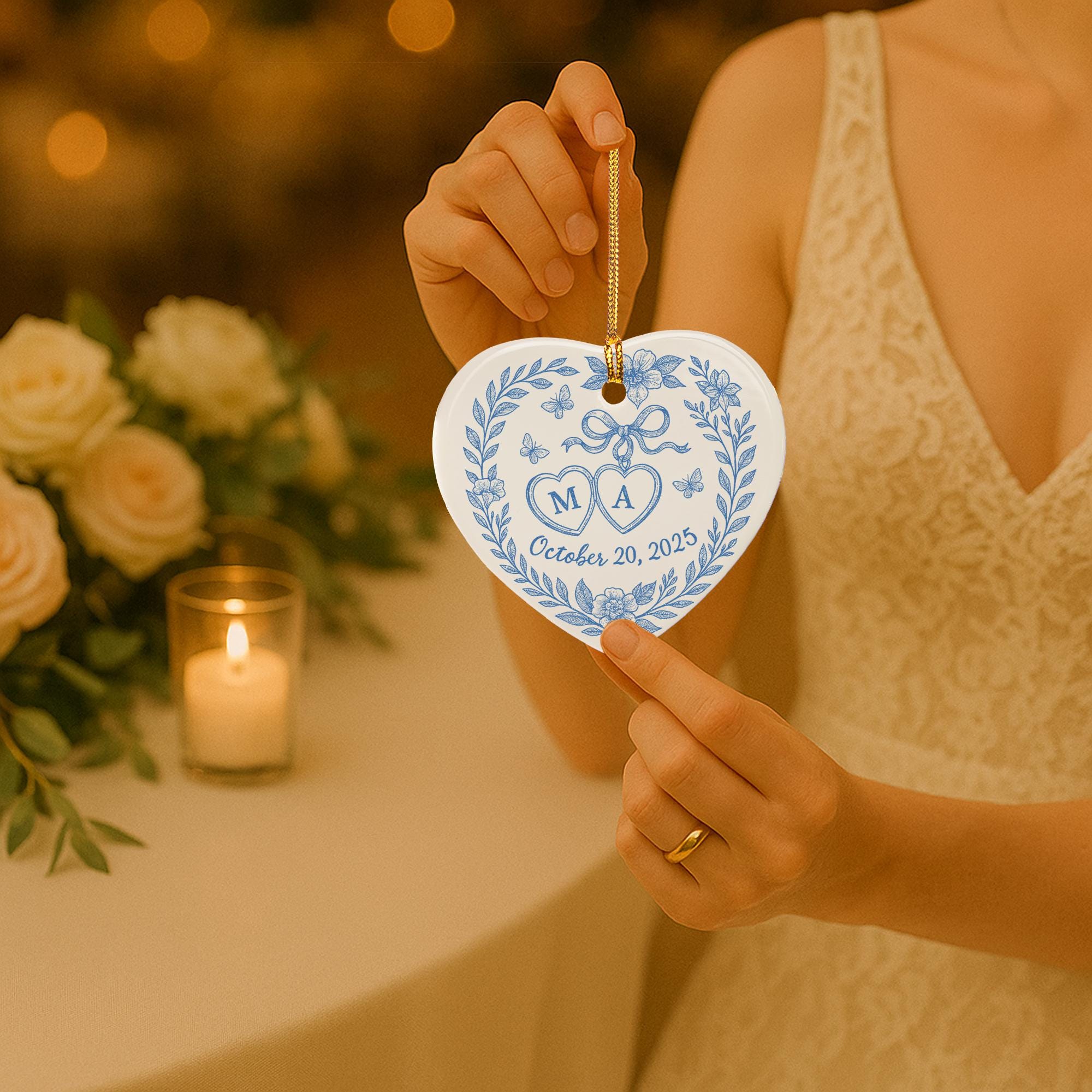 Custom Chinoiserie Wedding Heart Ceramic Ornament - Personalized Blue and White Ceramic Keepsake, Couple Monogram Gift, Elegant Bridal Decor