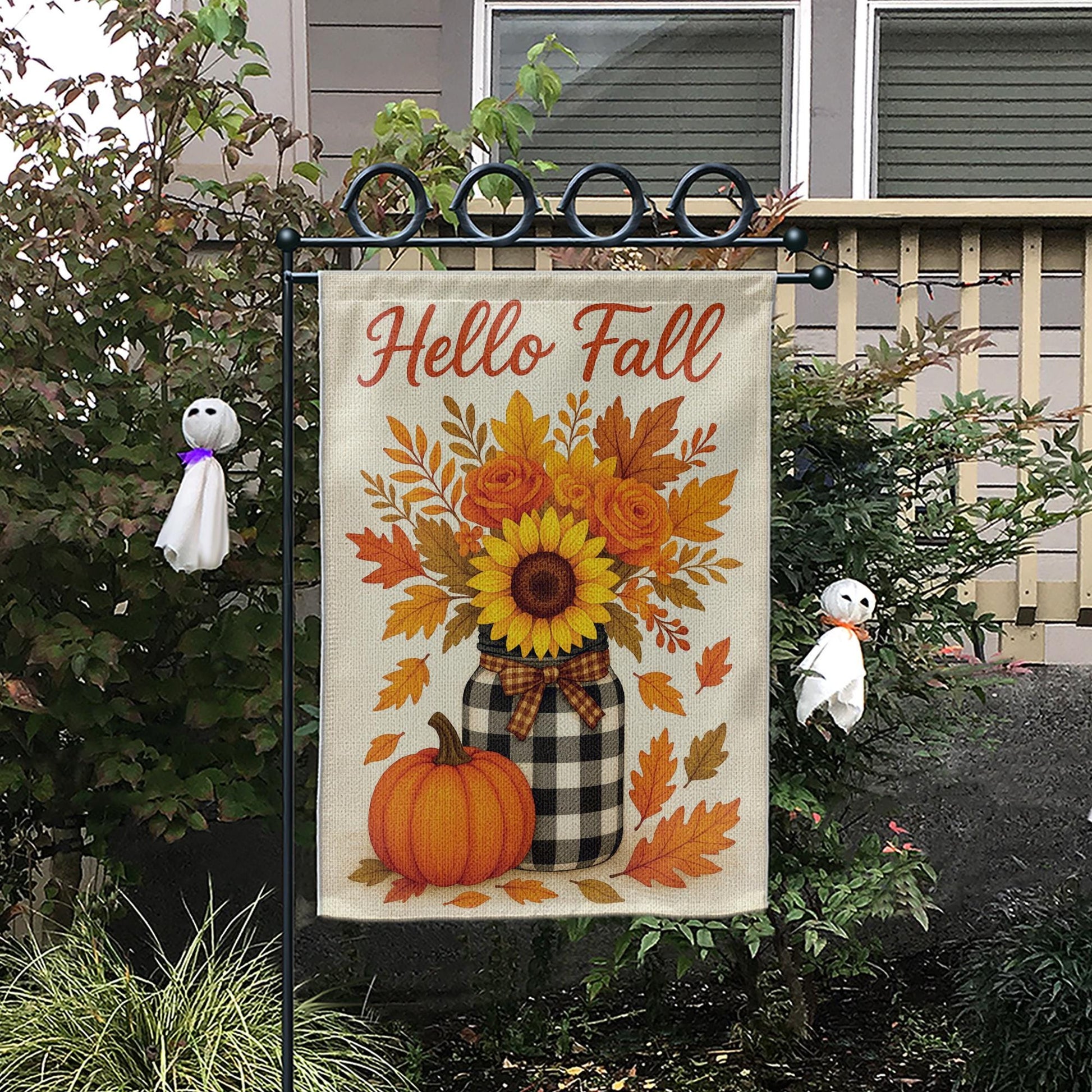 Hello Fall Garden Flag, Sunflower Pumpkin Yard Banner, Rustic Autumn Porch Decor, Seasonal Outdoor Welcome Sign for Fall Decoration