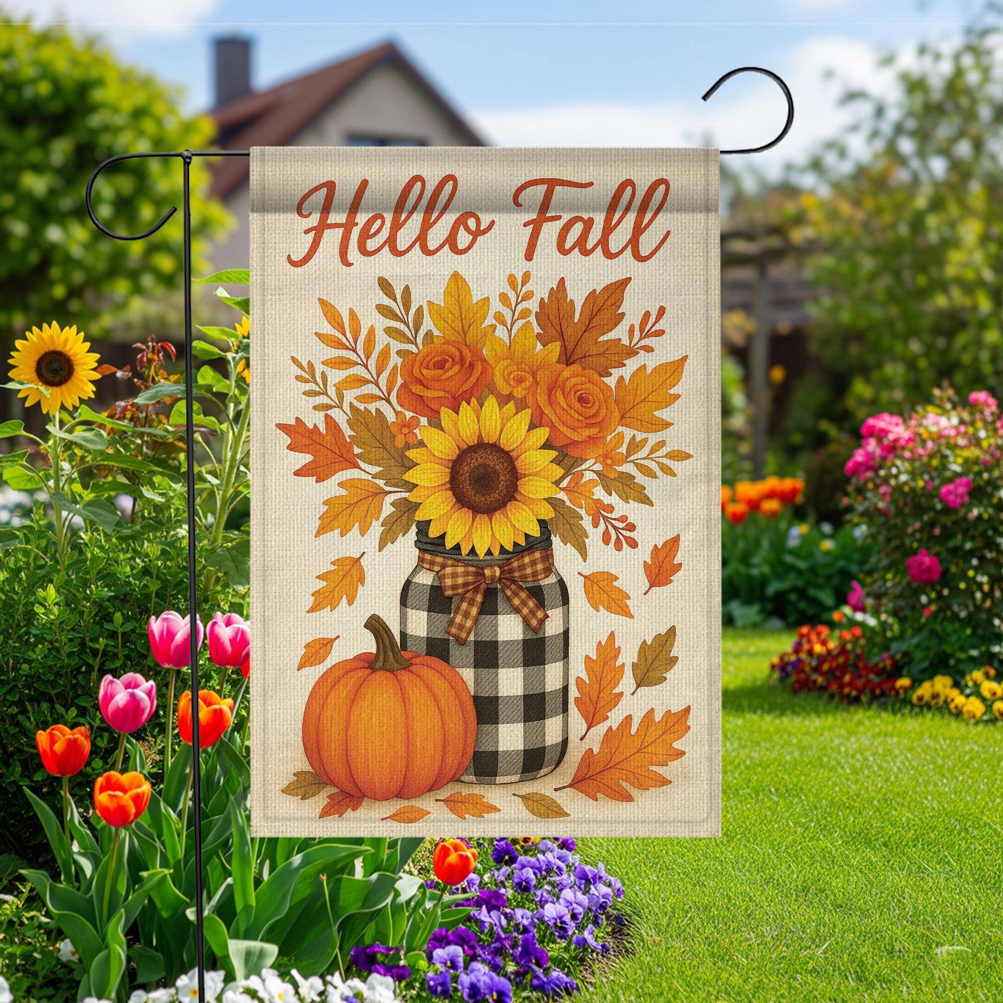 Hello Fall Garden Flag, Sunflower Pumpkin Yard Banner, Rustic Autumn Porch Decor, Seasonal Outdoor Welcome Sign for Fall Decoration