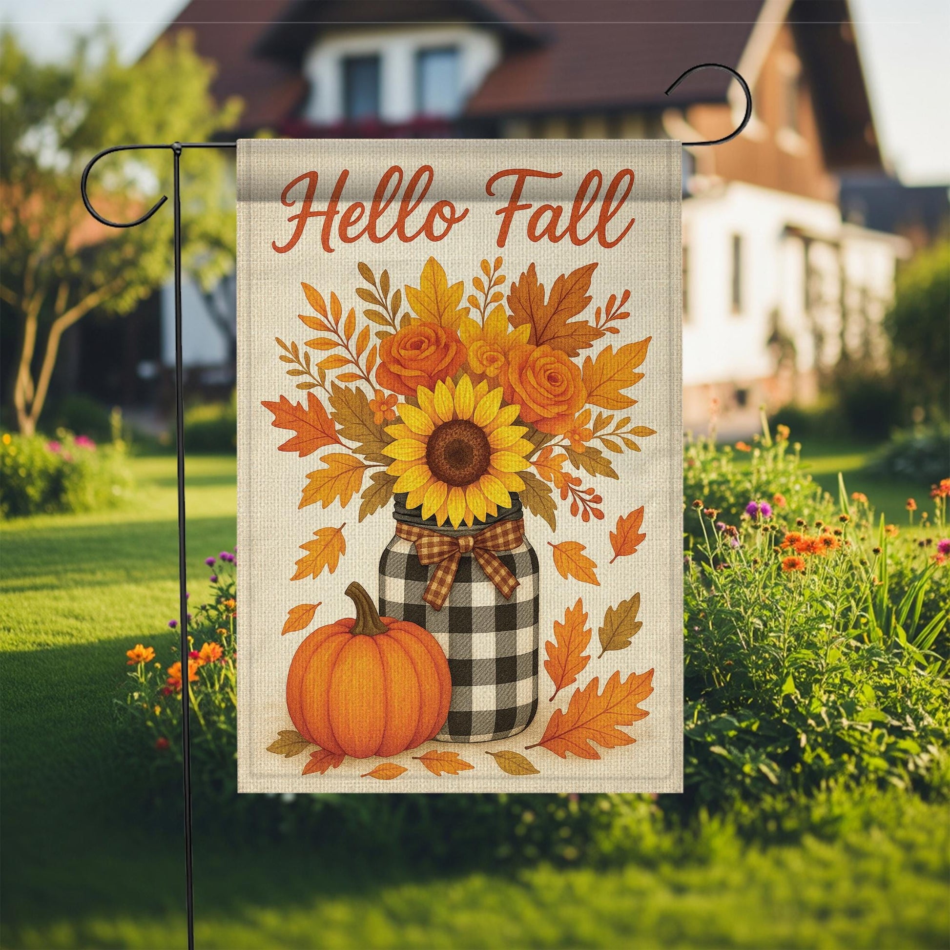 Hello Fall Garden Flag, Sunflower Pumpkin Yard Banner, Rustic Autumn Porch Decor, Seasonal Outdoor Welcome Sign for Fall Decoration