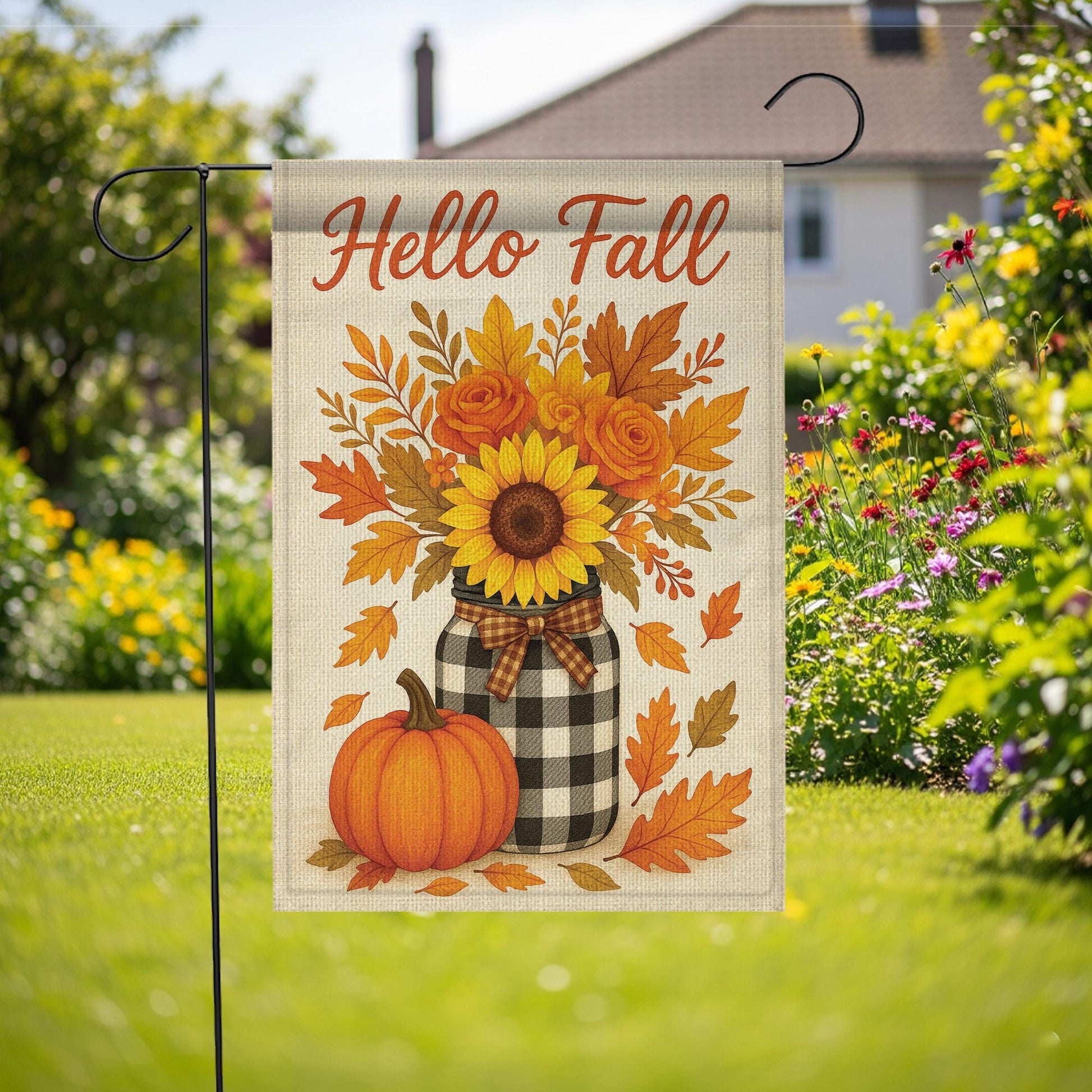 Hello Fall Garden Flag, Sunflower Pumpkin Yard Banner, Rustic Autumn Porch Decor, Seasonal Outdoor Welcome Sign for Fall Decoration
