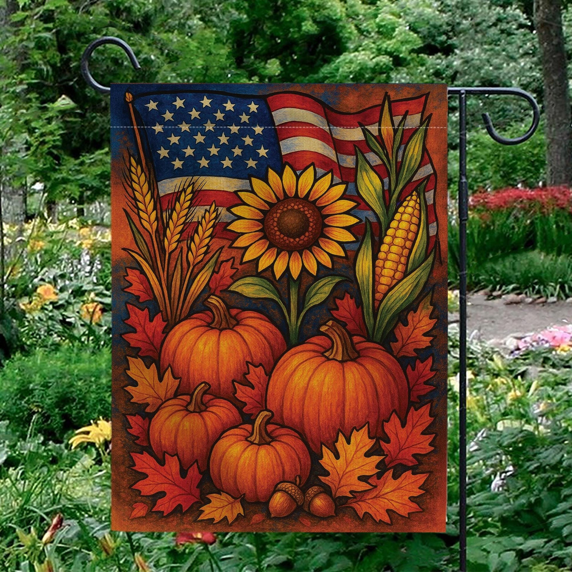 Patriotic Fall Garden Flag, American Flag Pumpkin Sunflower Yard Banner, Rustic Harvest Porch Decor, Thanksgiving Outdoor Decoration