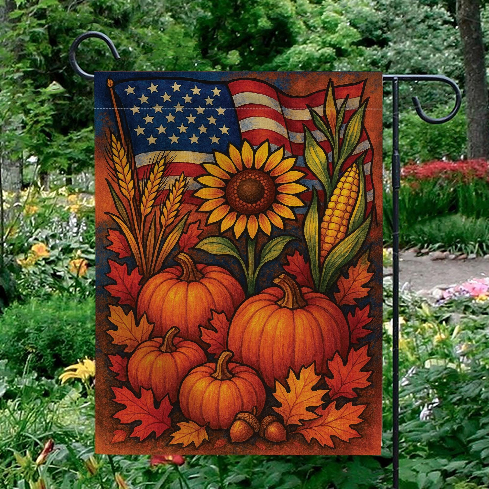 Patriotic Fall Garden Flag, American Flag Pumpkin Sunflower Yard Banner, Rustic Harvest Porch Decor, Thanksgiving Outdoor Decoration