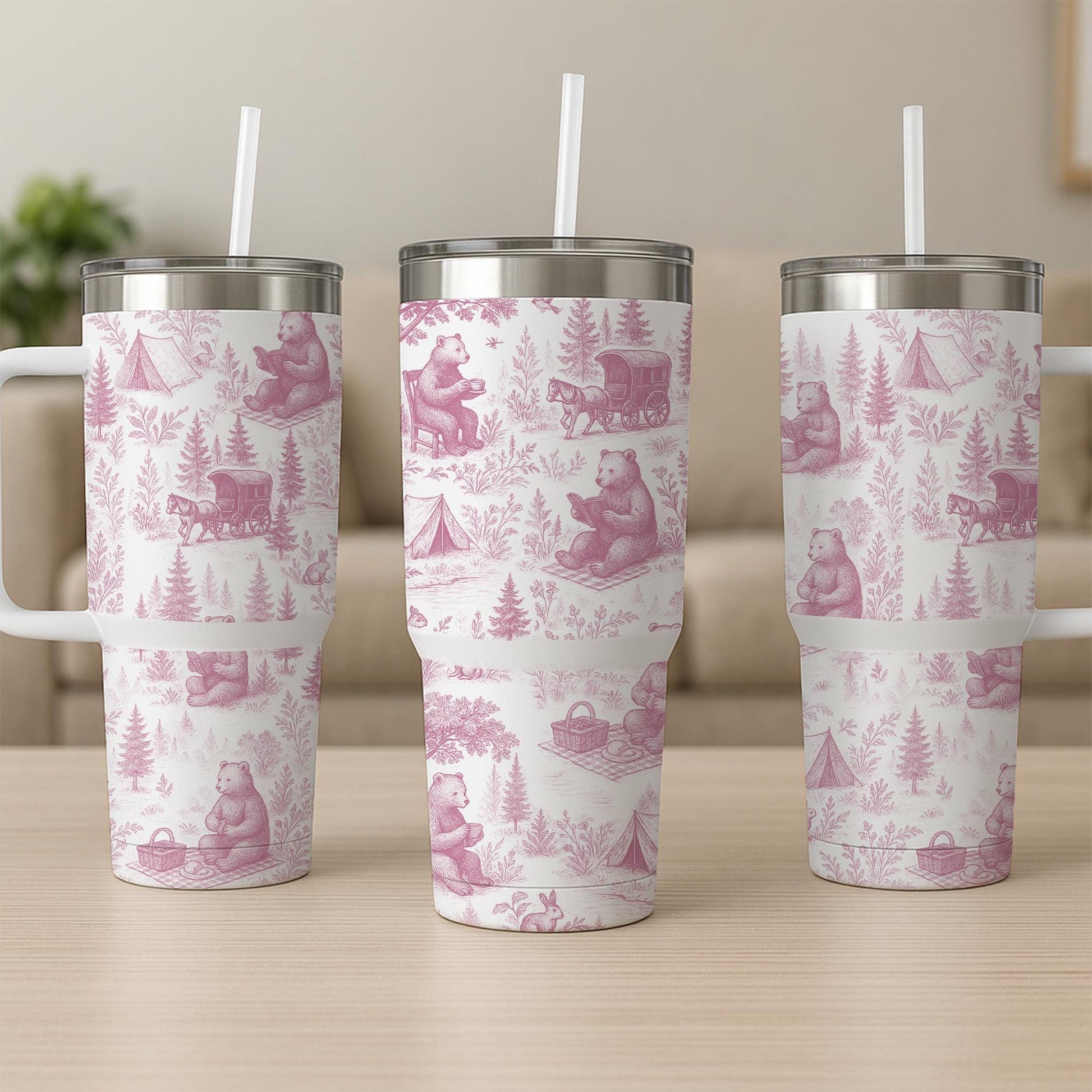 Bear Toile de Jouy Tumbler with Straw, Rustic Forest Travel Mug, Woodland Animal Cup, Nature Lover Stainless Steel Drinkware Gift