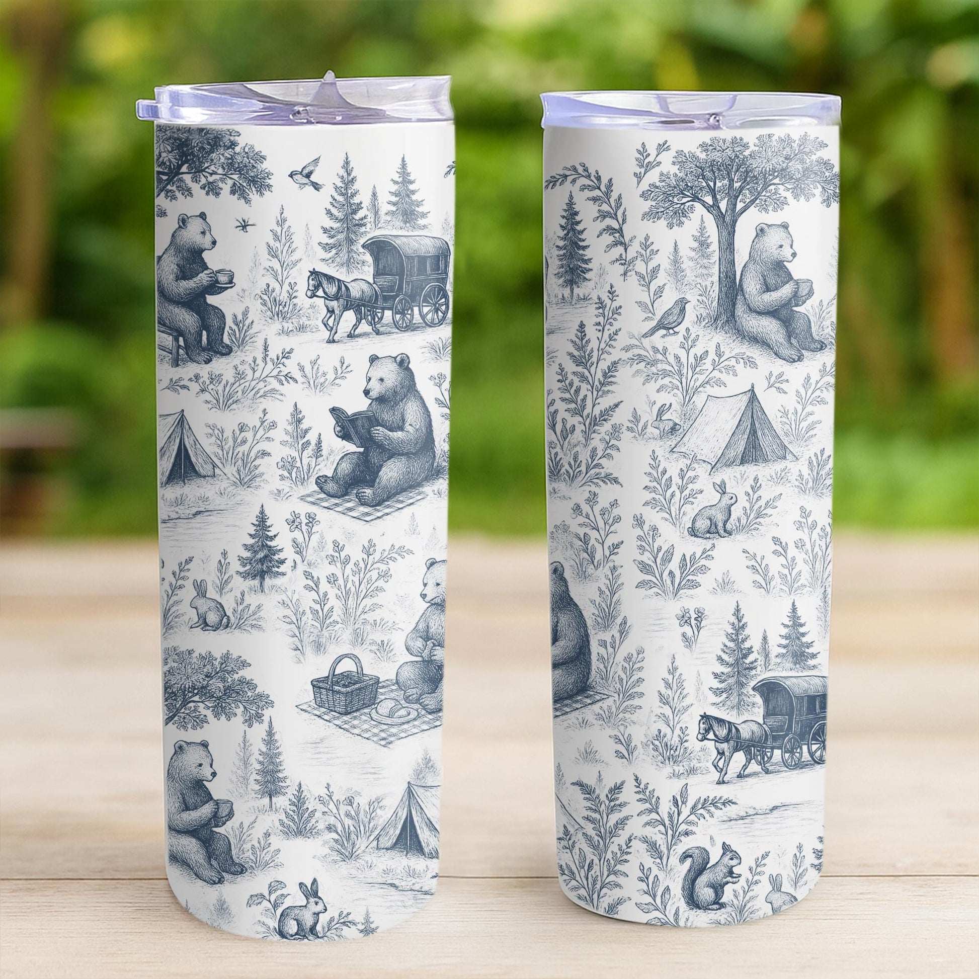 Bear Toile de Jouy Tumbler with Straw, Rustic Forest Travel Mug, Woodland Animal Cup, Nature Lover Stainless Steel Drinkware Gift