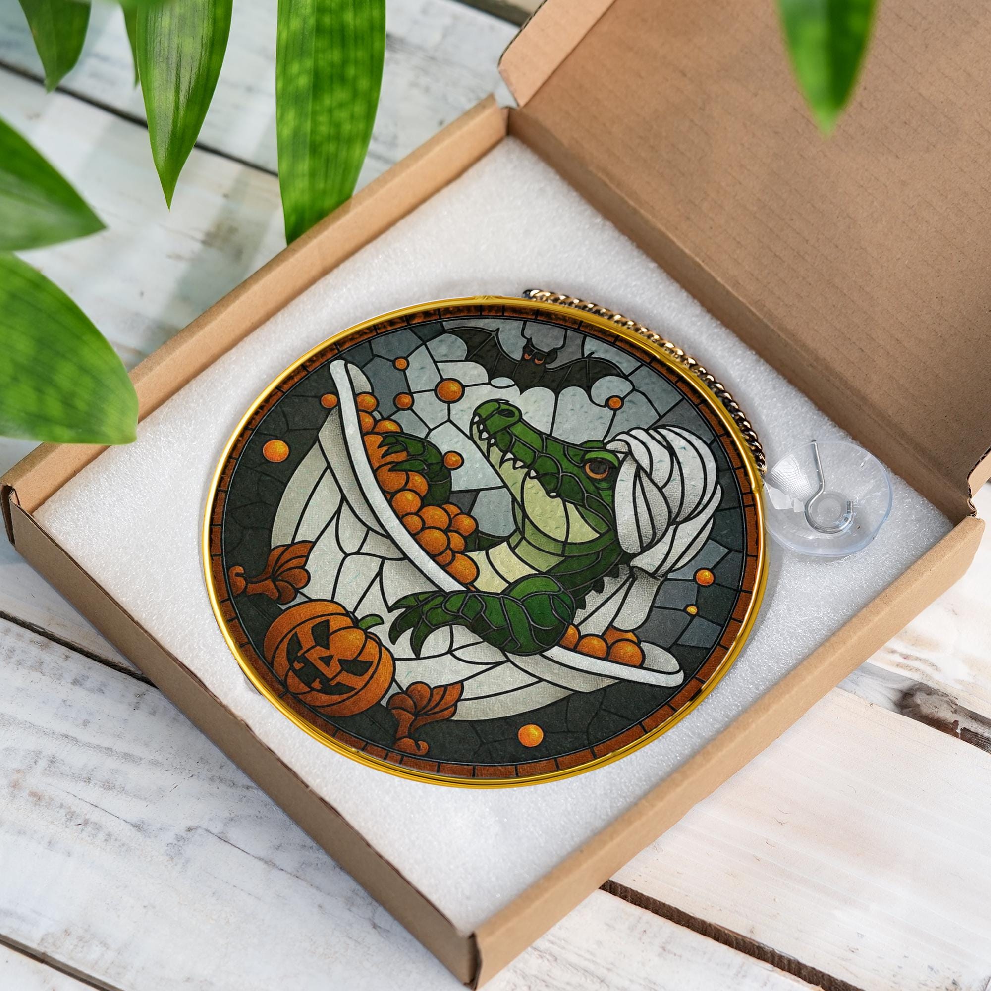 Halloween Glass Decor | Spooky Alligator Pumpkin Bath Suncatcher | Gothic Glass Window Hanging Decoration