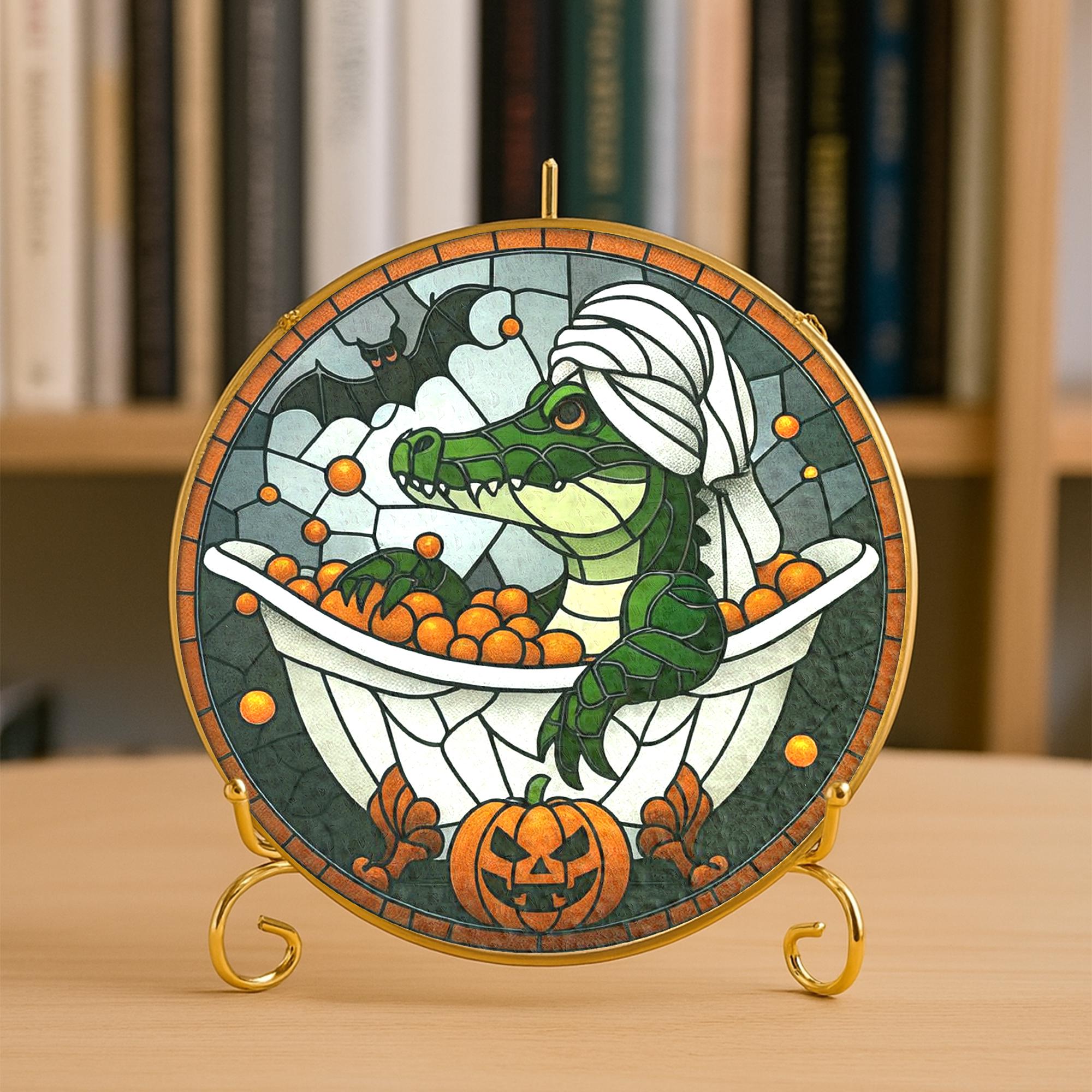 Halloween Glass Decor | Spooky Alligator Pumpkin Bath Suncatcher | Gothic Glass Window Hanging Decoration