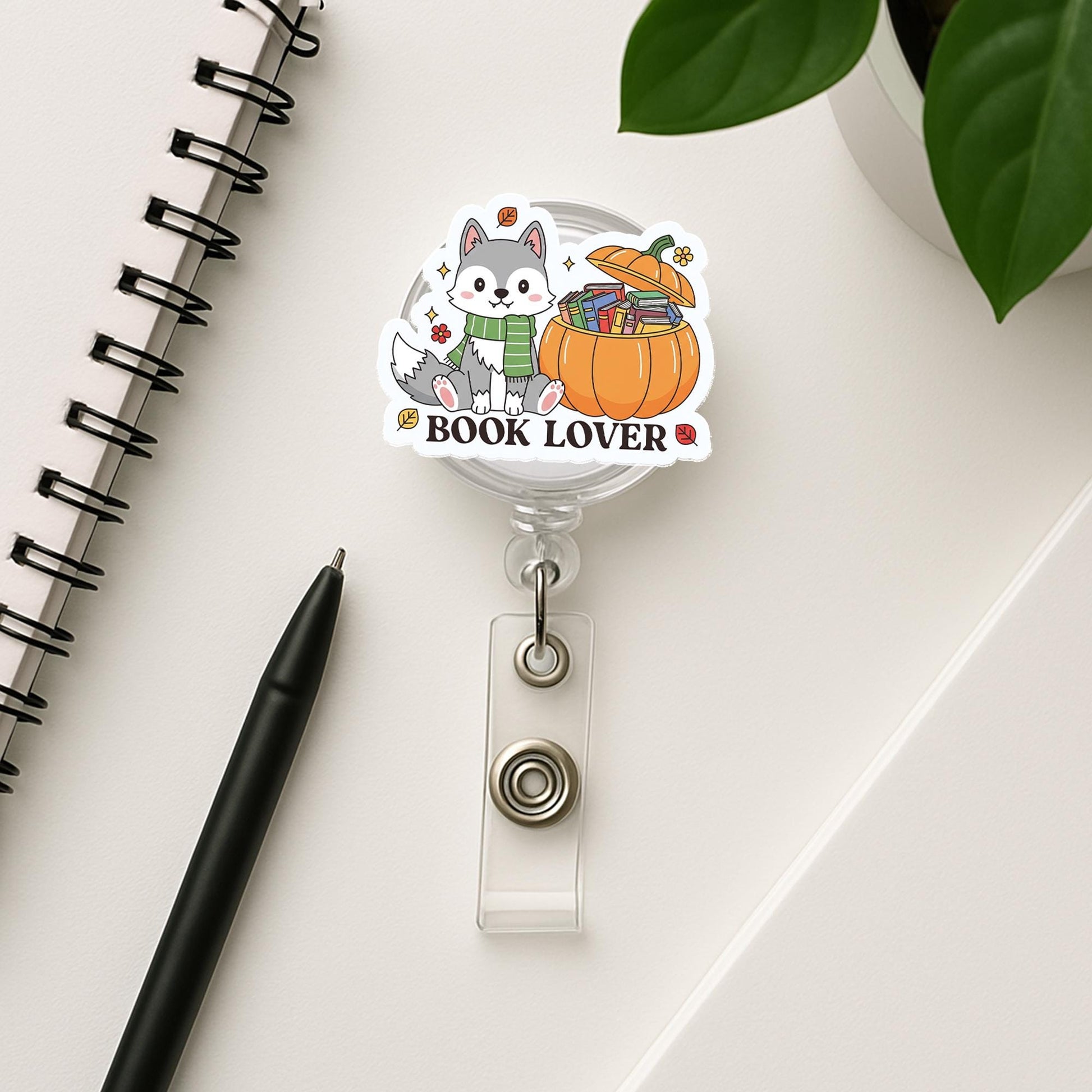 Book Lover Badge Reel | Cute Husky Dog ID Badge Holder | Pumpkin Teacher Librarian Gift | Bookish Fall Work Badge Clip, Book Lover Gift