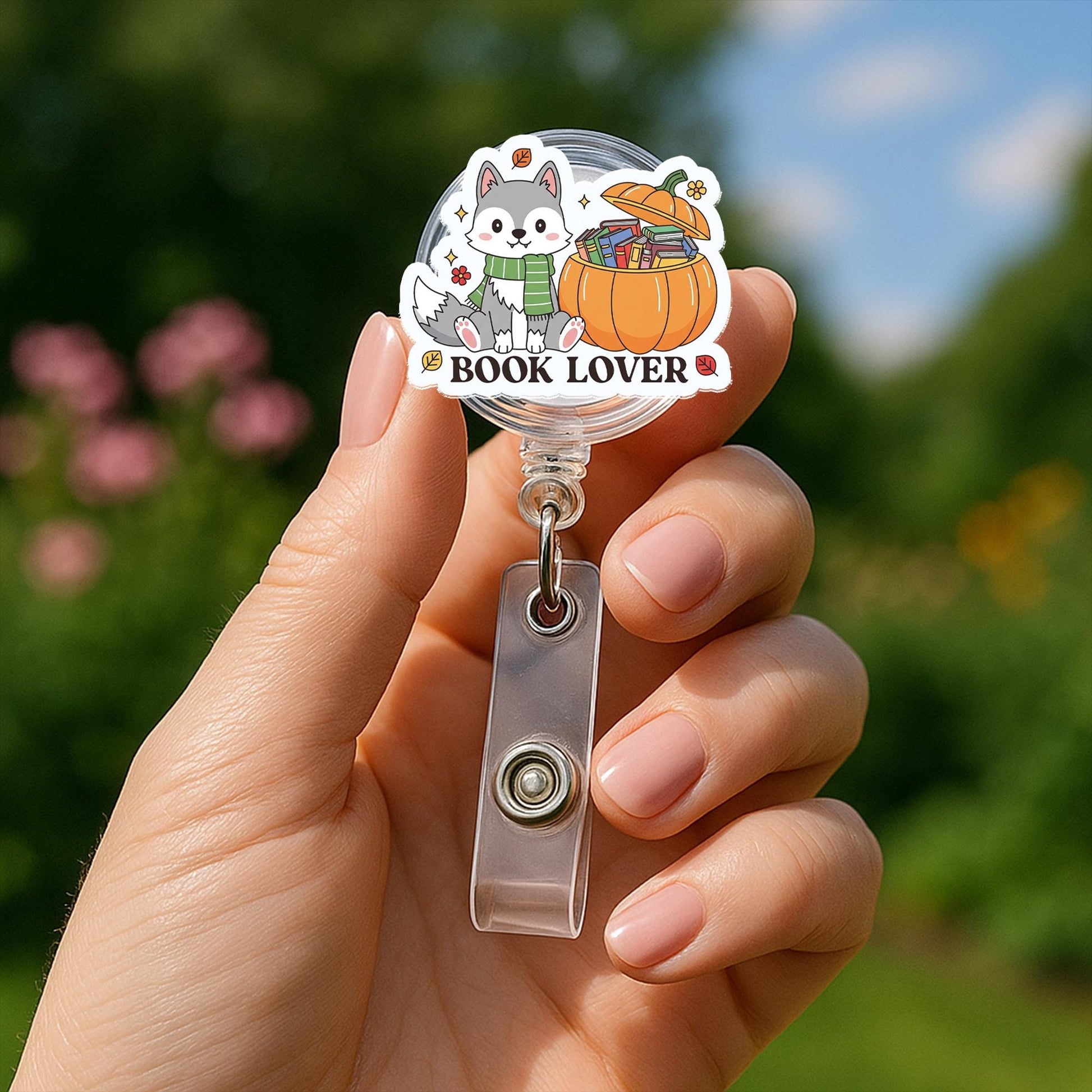 Book Lover Badge Reel | Cute Husky Dog ID Badge Holder | Pumpkin Teacher Librarian Gift | Bookish Fall Work Badge Clip, Book Lover Gift