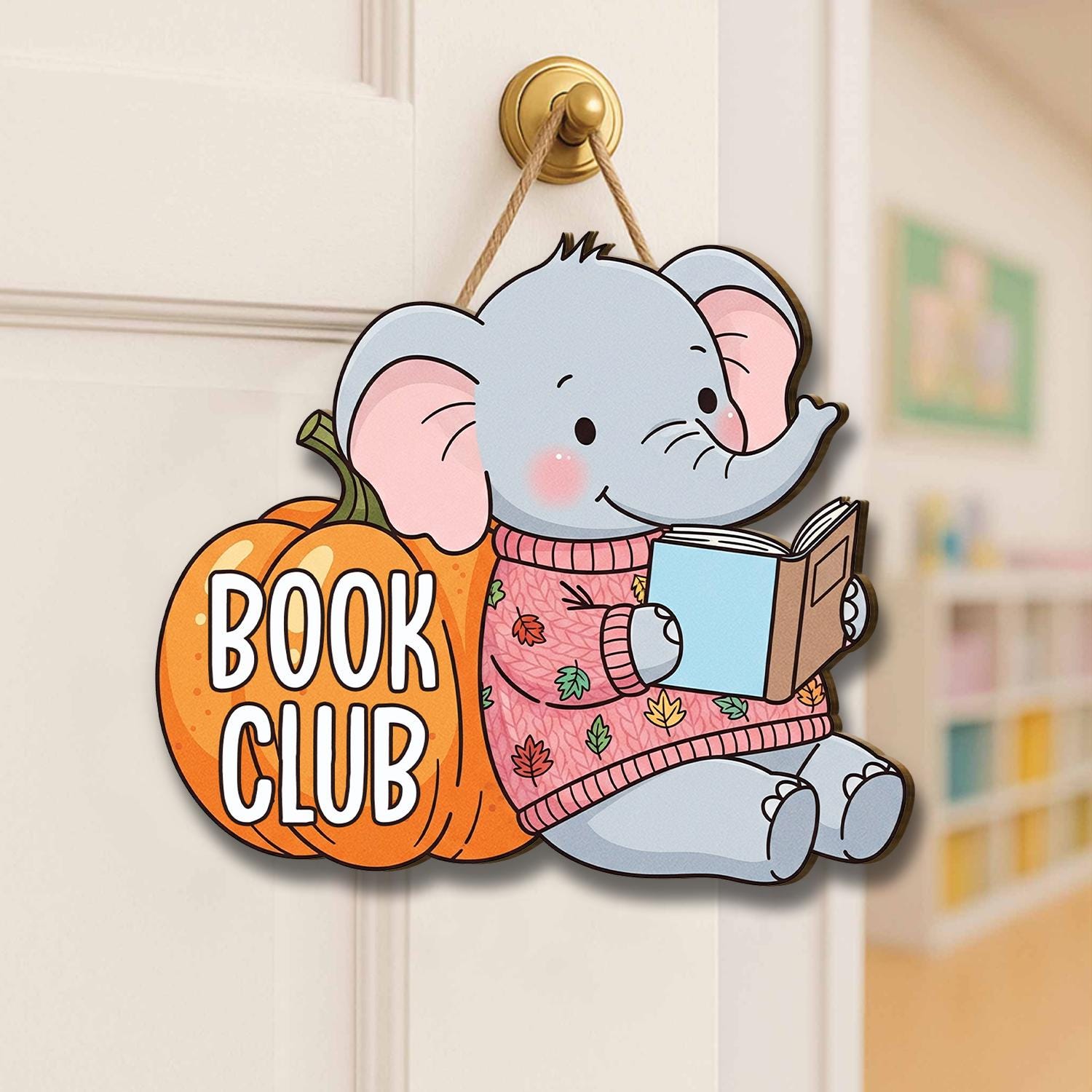 Book Club Door Hanger | Cute Elephant Reading Sign | Pumpkin Fall Bookish Decor | Library Classroom Book Club Meeting Sign, Door Sign Decor