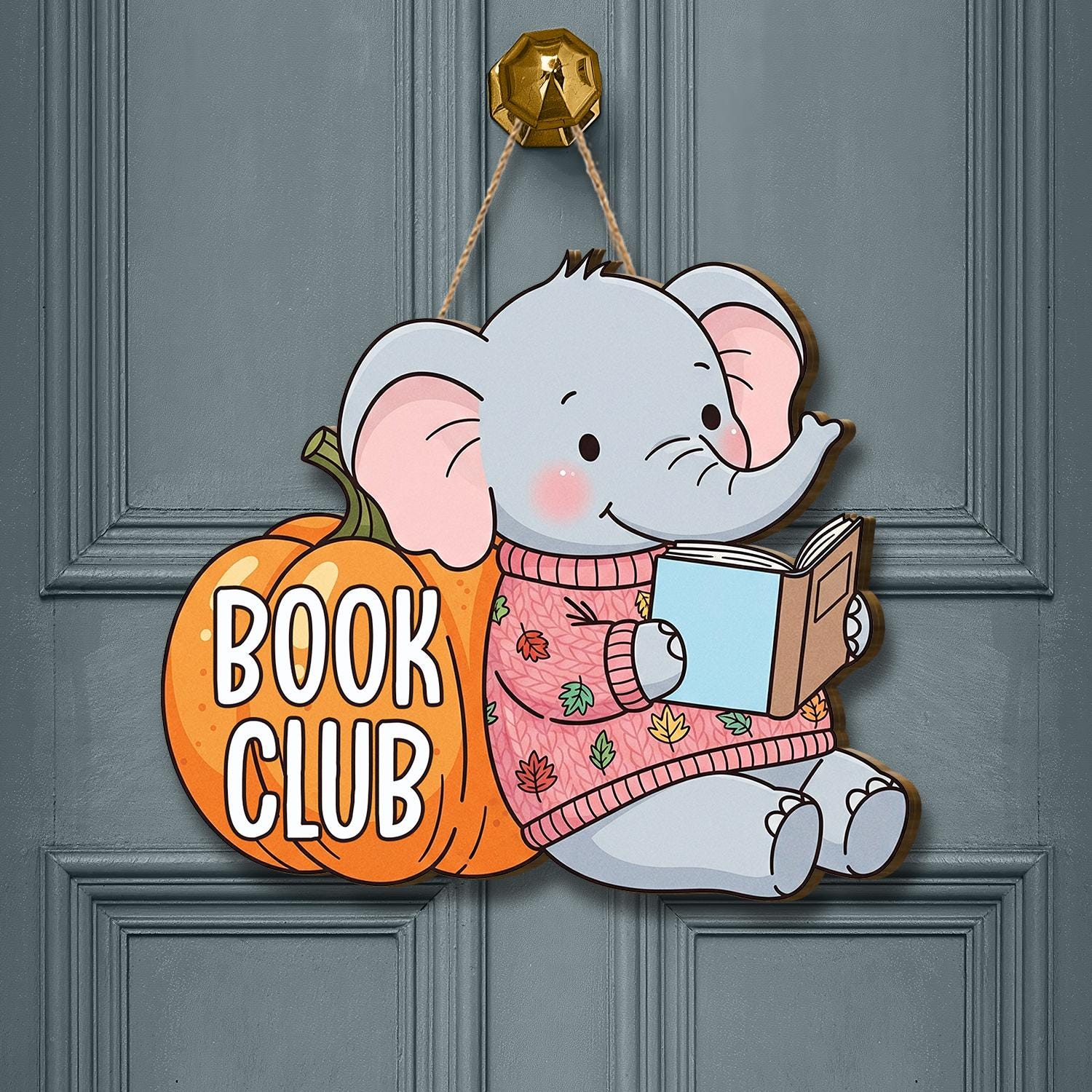 Book Club Door Hanger | Cute Elephant Reading Sign | Pumpkin Fall Bookish Decor | Library Classroom Book Club Meeting Sign, Door Sign Decor
