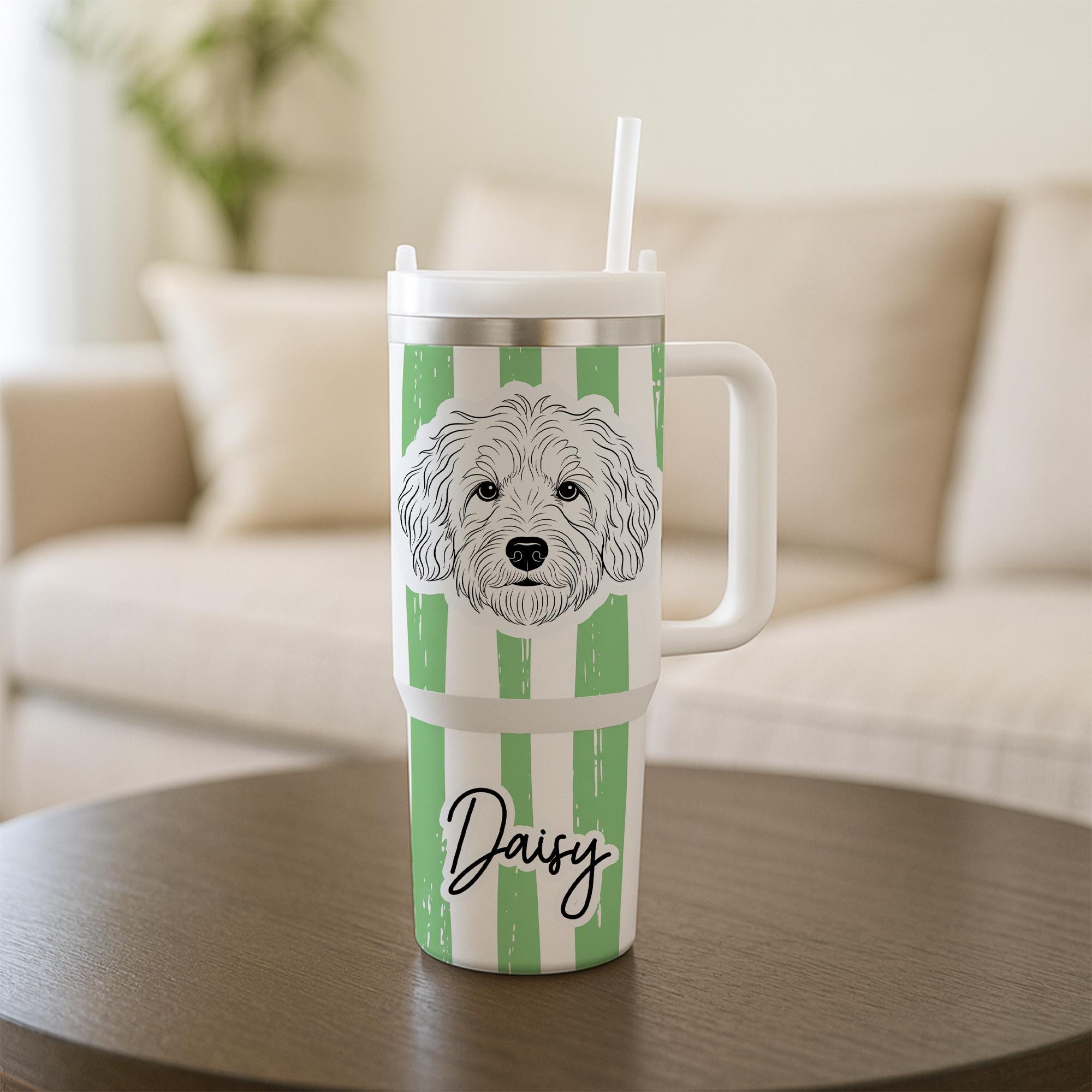 Personalized Dog Tumbler 40oz | Custom Pet Portrait Tumbler with Handle & Straw | Dog Mom Gift | Dog Lover Large Travel Tumbler